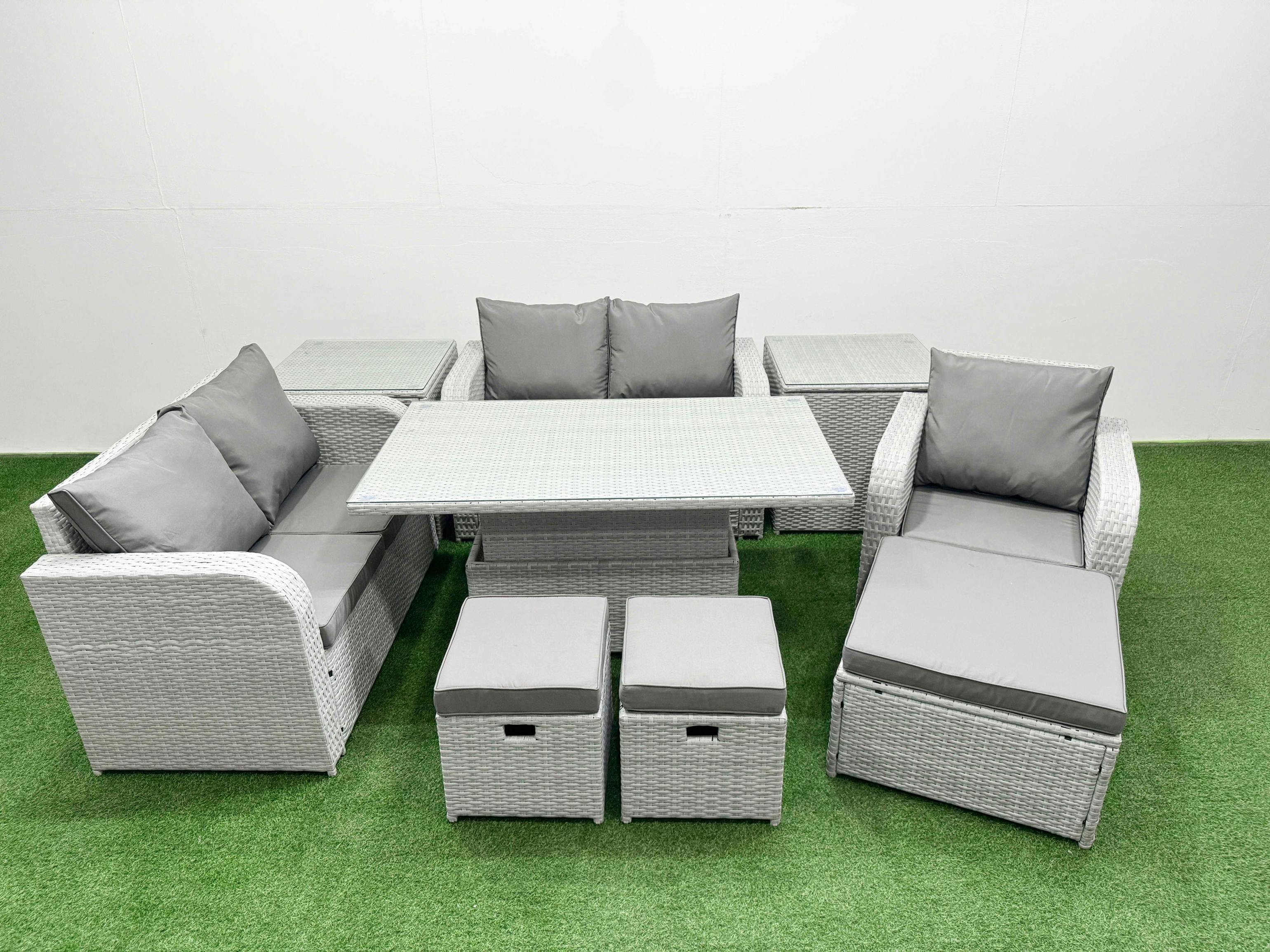Fimous Light/Grey 8 Seater Rattan Garden Furniture Set With Adjustable Height Table, 2 Loveseats, 1 Reclining Chair, 3 Footstools & 2 Side Tables