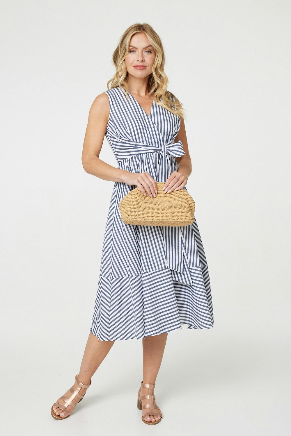 Izabel London Striped Tie Waist Tiered Midi Dress - Navy - 18