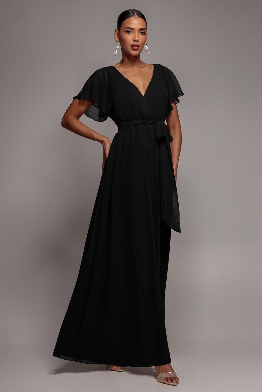 Goddiva Black Chiffon Flutter Sleeve Wrap Maxi Dress - By - 8