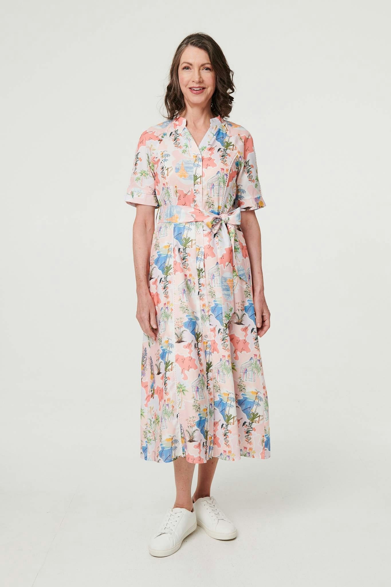 Izabel London Pink Printed Tie Waist 1/2 Sleeve Midi Dress - 8