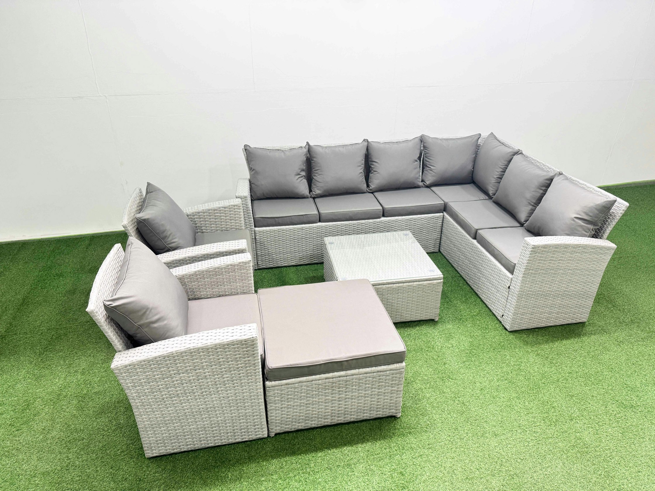 Fimous Light/Grey Rattan Garden Outdoor Furniture Set 9 Seater Rattan Garden Sofa Set With 2 Armchairs Big Footstool Mixed