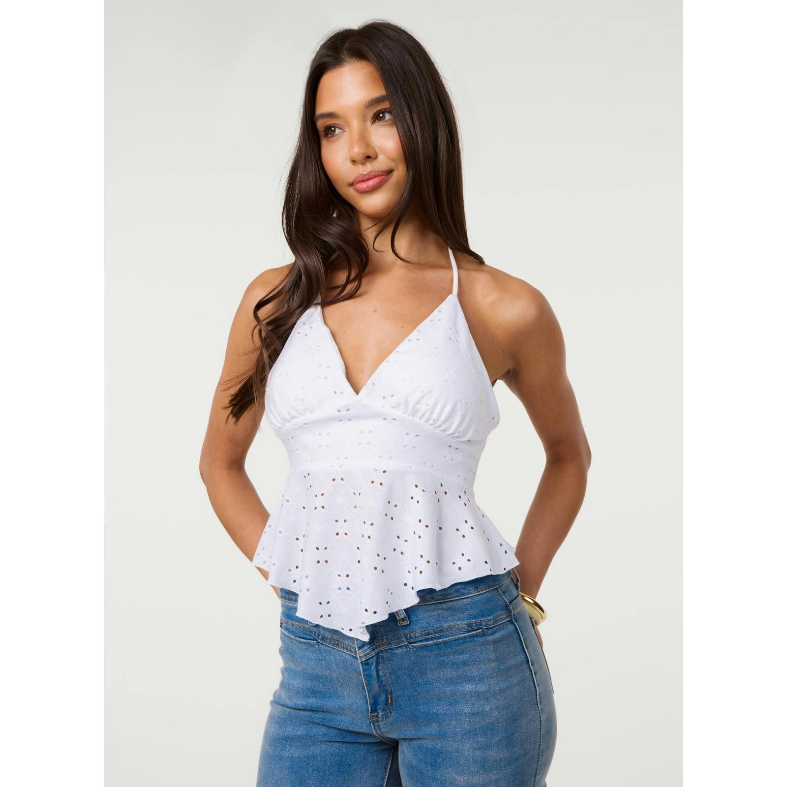 Pink Vanilla Pink/Ivory Vanilla Broderie Hanky Hem Halter Neck Top - L