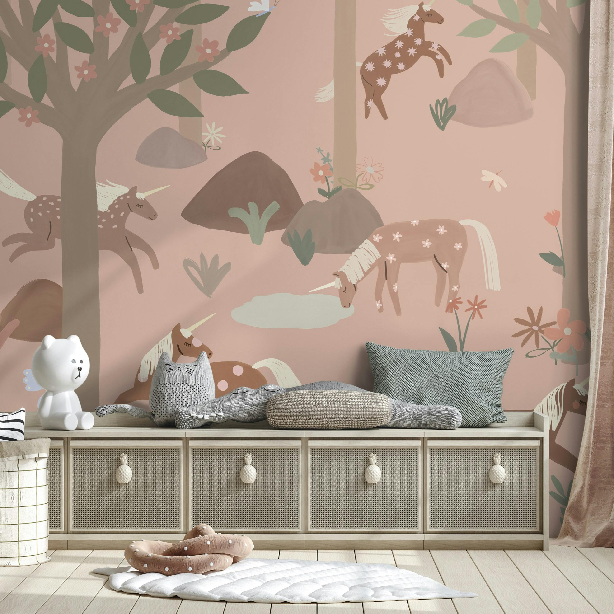 Roomblush Pink Nursery Unicorn 6 Lane Repeatable Wallpaper Mural 300 X 285Cm, Blush