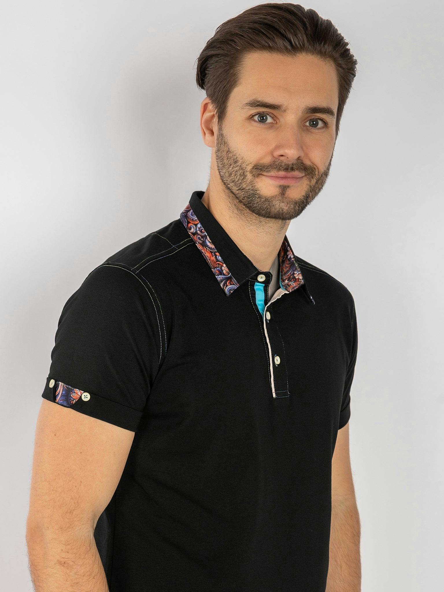 Claudio Lugli Men's Black Signature Polo Shirt With Ornatal Insert - Large