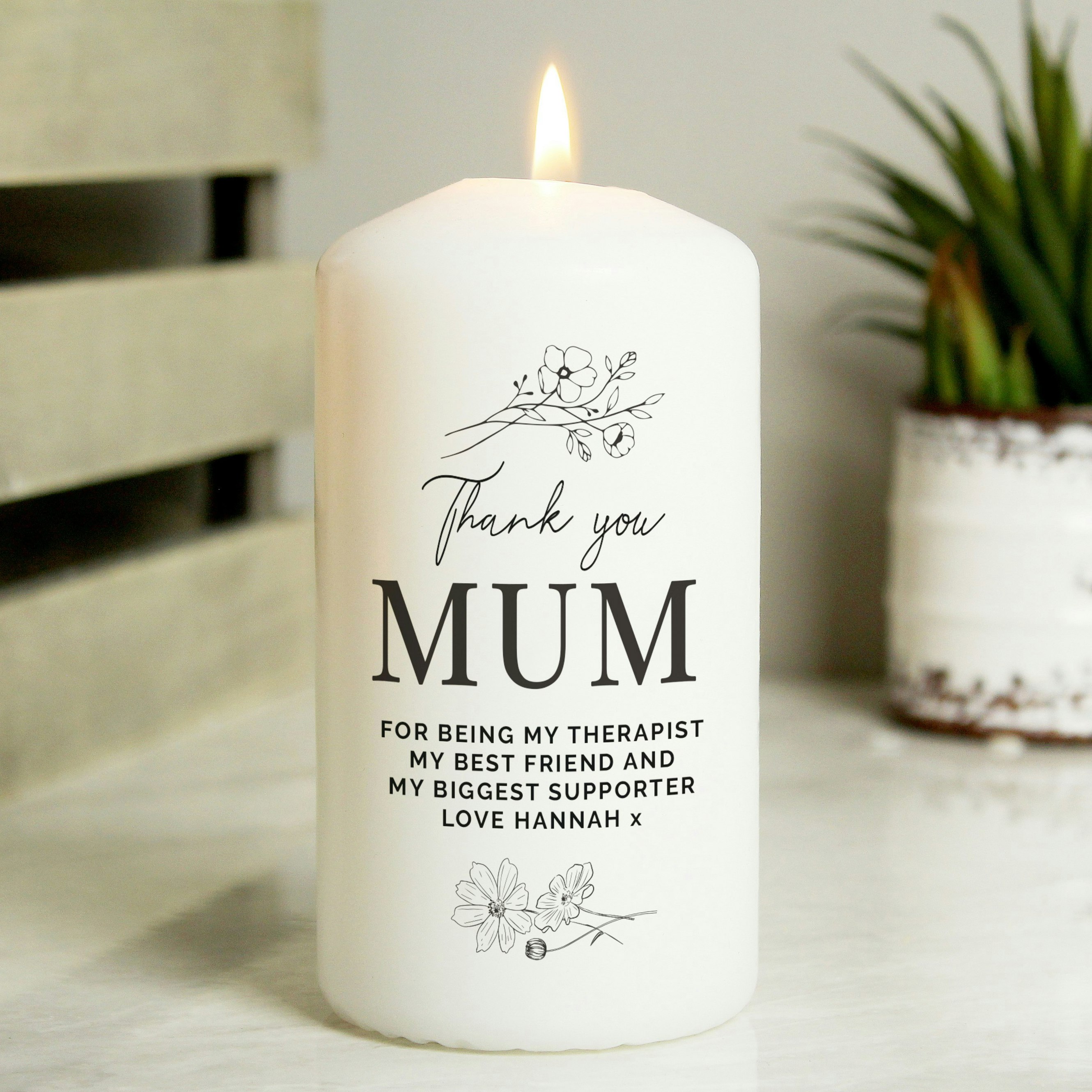 Rackhams Personalised Fineline Floral Pillar Candle