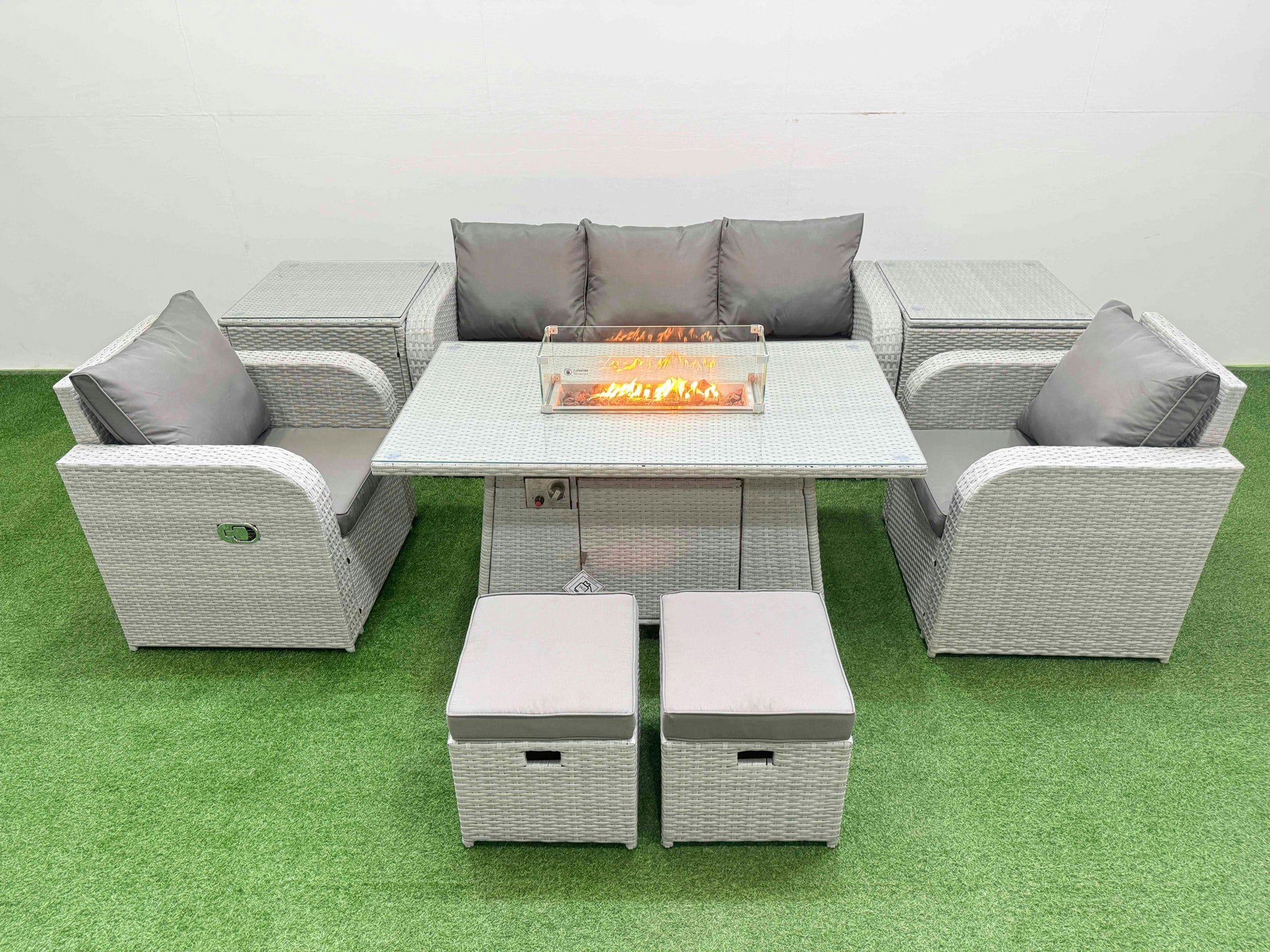 Fimous Light/Grey Pe Rattan Garden Furniture Set Reclining Chair Sofa Lounge Sofa Set Fire Pit Dining Table 2 Side Table 2 Small Stools
