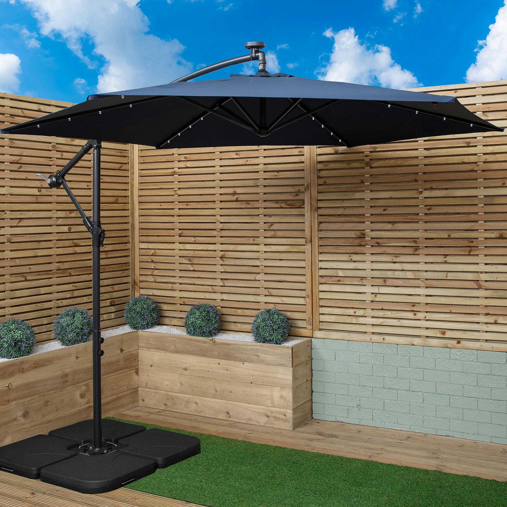Rackhams Blue 3M Solar Powered Lit Banana Cantilever Garden Parasol With Leds & Base Weights Included In