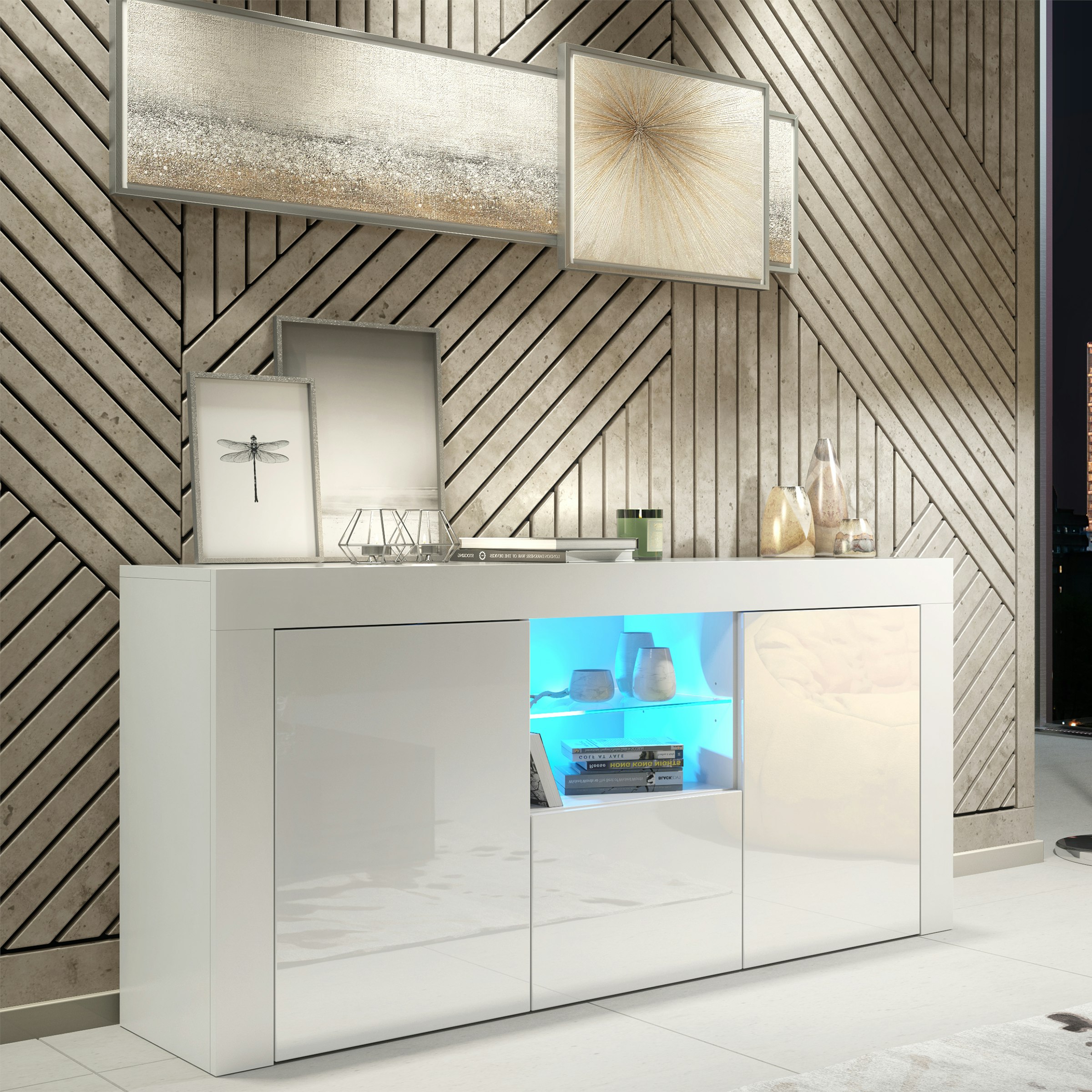 Mex Furniture White Modern Tv Unit Cabinet 145Cm Stand & With Gloss Doors & Free Led - 145 Cm - 1 - Wite Matt Body & Gloss Doors