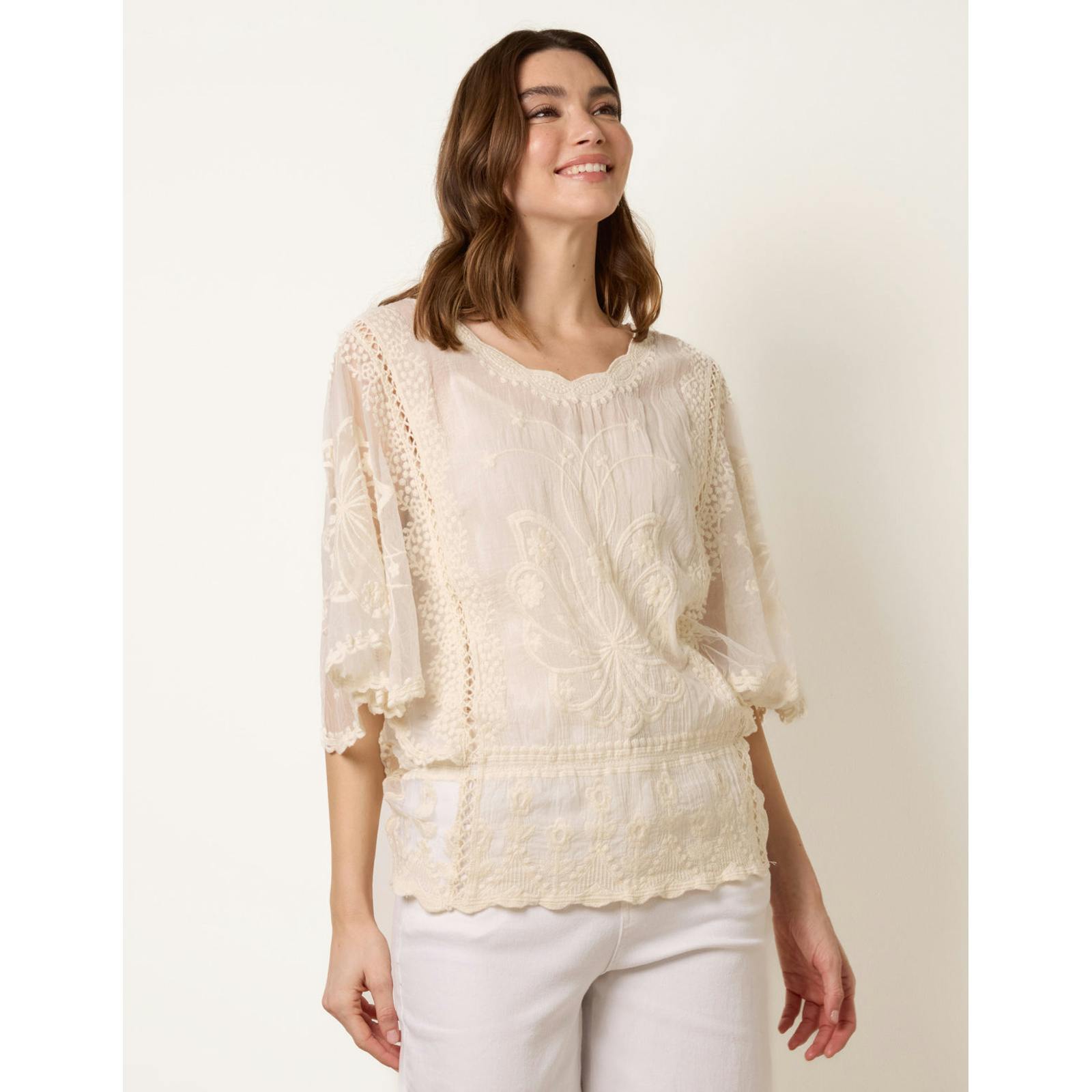 Blue Vanilla Floral Lace Butterfly Sleeve Blouse - S-M - Stone