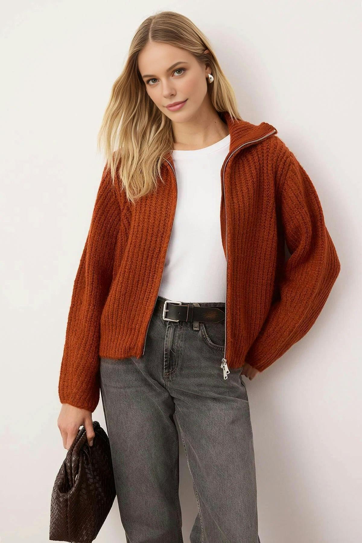 Wovcor Soft-Textured Oversize Knit Cardigan With Zipper Detail - Terracotta - M