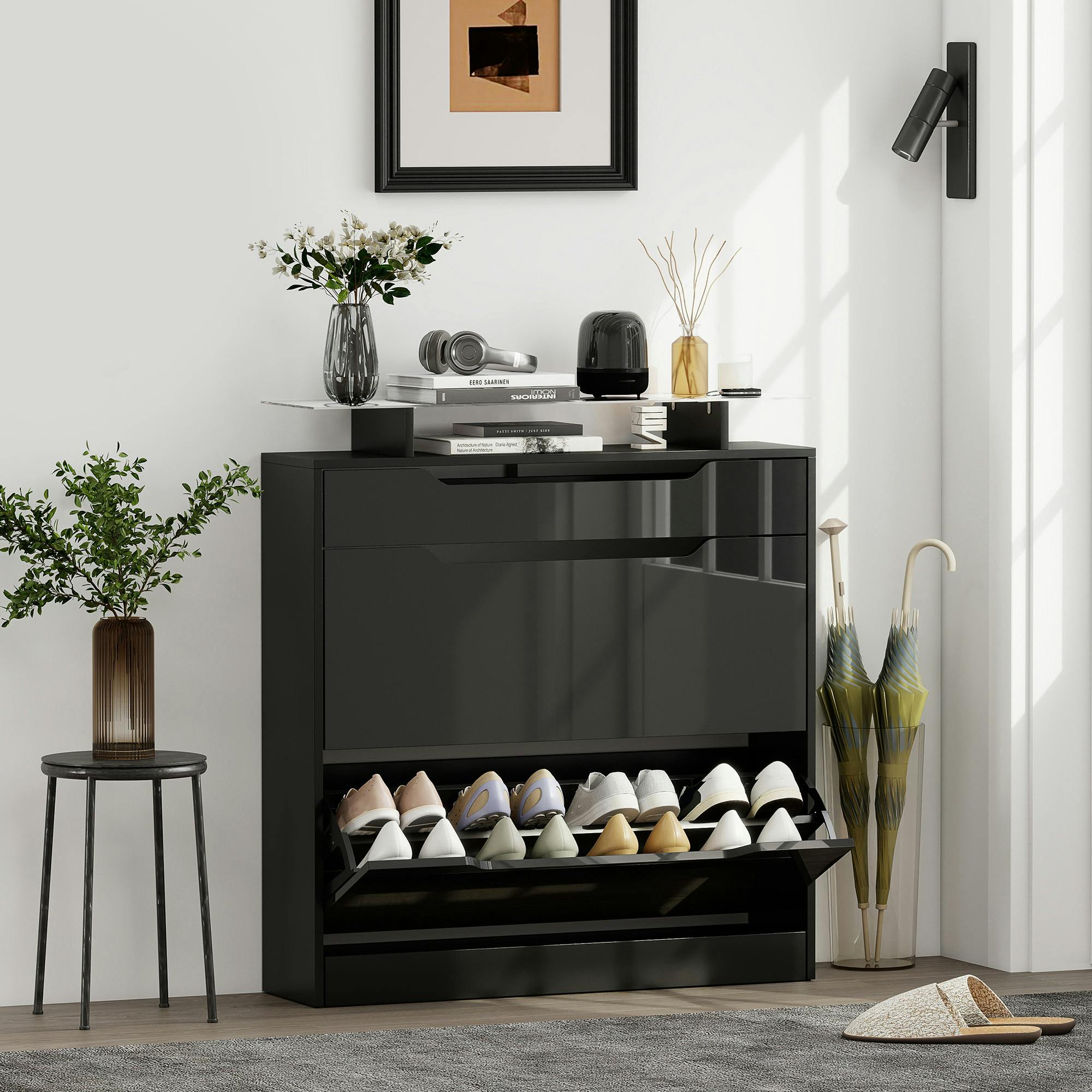 Rackhams Black Shoe Cabinet With 3 Drawers, High Gloss Front Panels, Glass Top