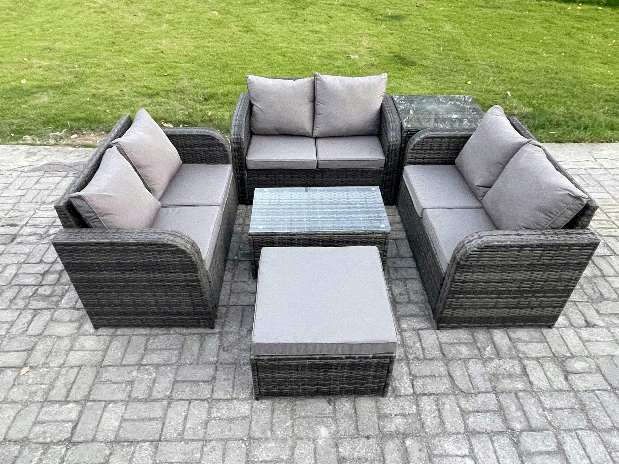 Rackhams Dark/Grey 7-Seater Outdoor Rattan Garden Furniture Set - Mixed Wicker Sofa With Rectangular Coffee Table & Big Footstool