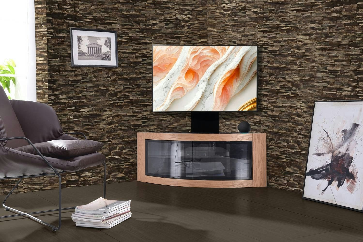 Rackhams Black Pangea /Oak Beam-Thru Curved True-Corner 32"-50" Tv Cabinet With Mounting Arm