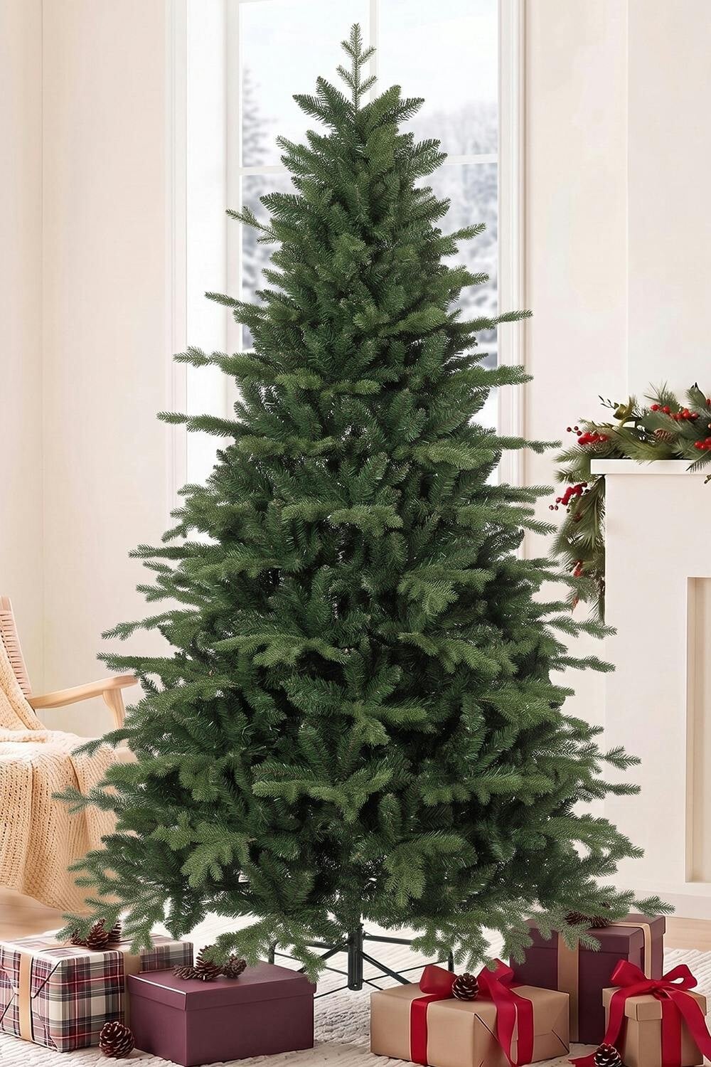 Homcom 7 Ft Artificial Christmas Tree With Metal Base, Hinged Branches, Green - Image 2