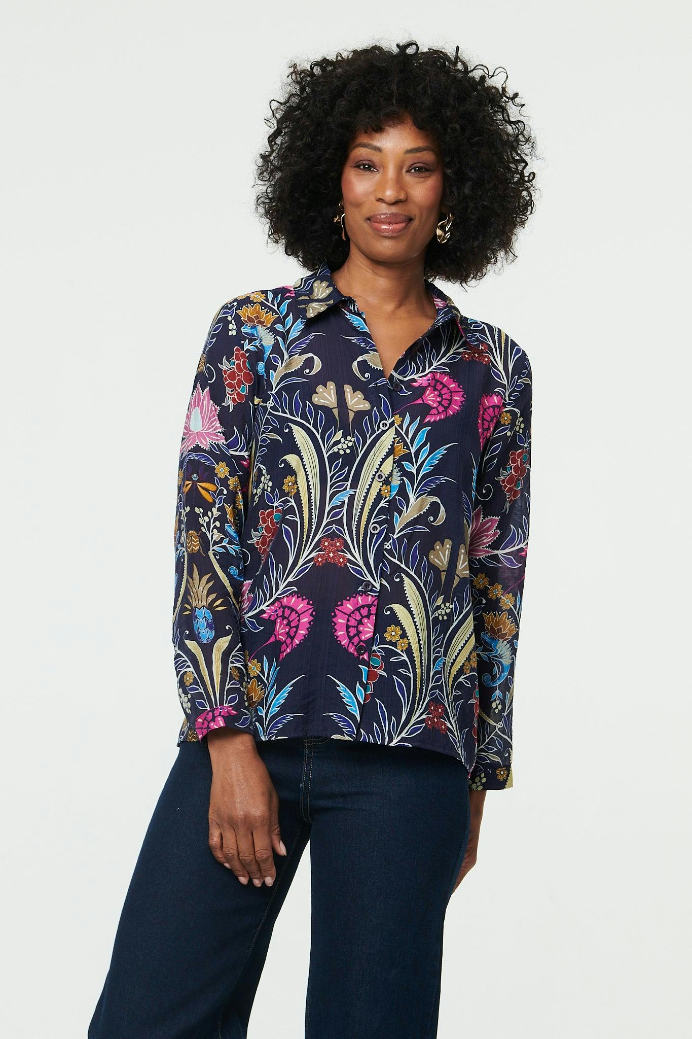 Izabel London Floral Long Sleeve Relaxed Shirt - 10 - Navy