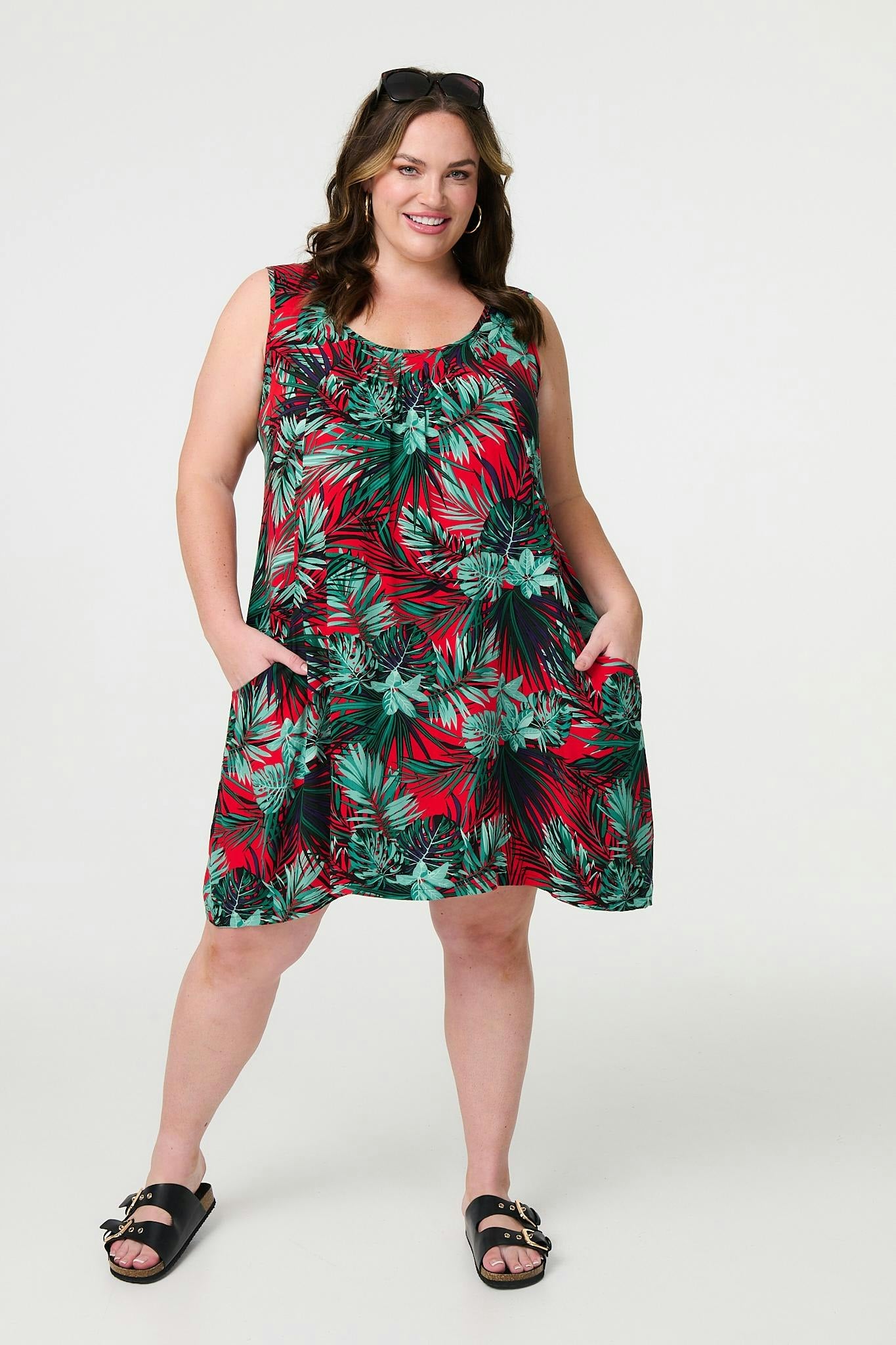 Izabel London Red Leaf Print Sleeveless Tunic Dress - 14