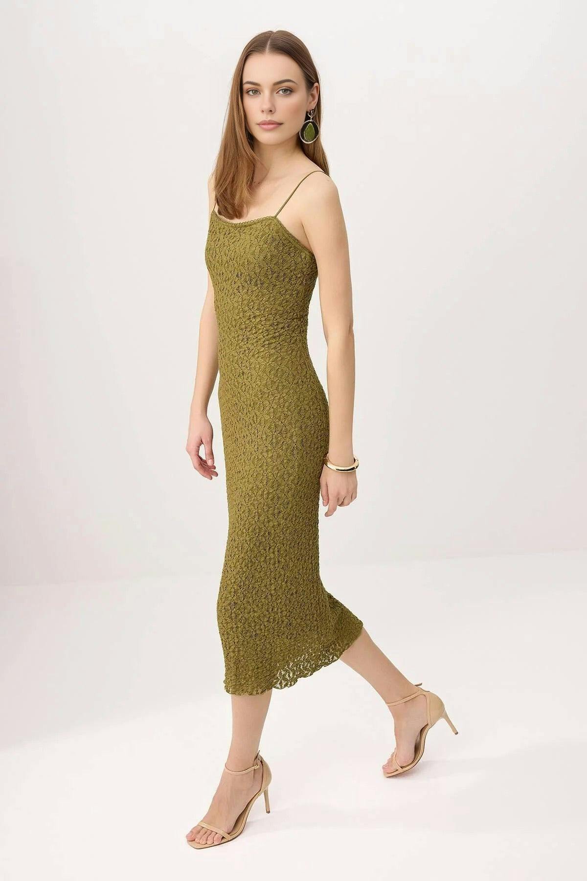Wovcor Lace Bodycon Strappy Midi Dress - Khaki - S