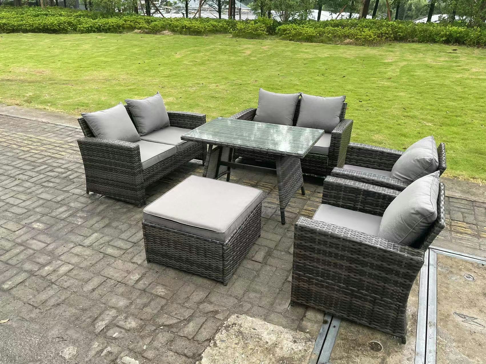 Rackhams Dark/Grey 7 Seater Outdoor Mixed High Back Rattan Sofa Dining Table Set Garden Furniture Love Sofa Arm Chair