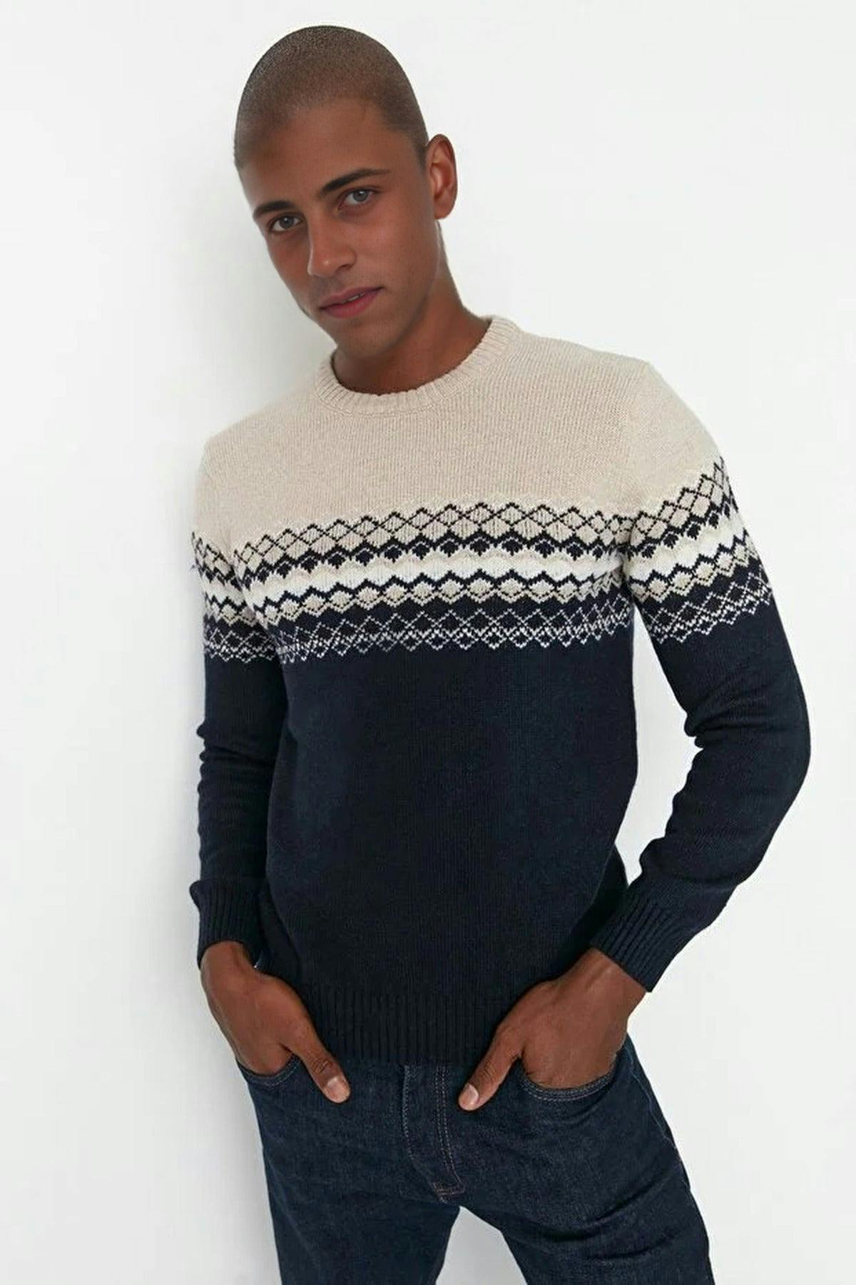 Wovcor Men's Crew Neck Ethnic Knit Sweater - Navy - L