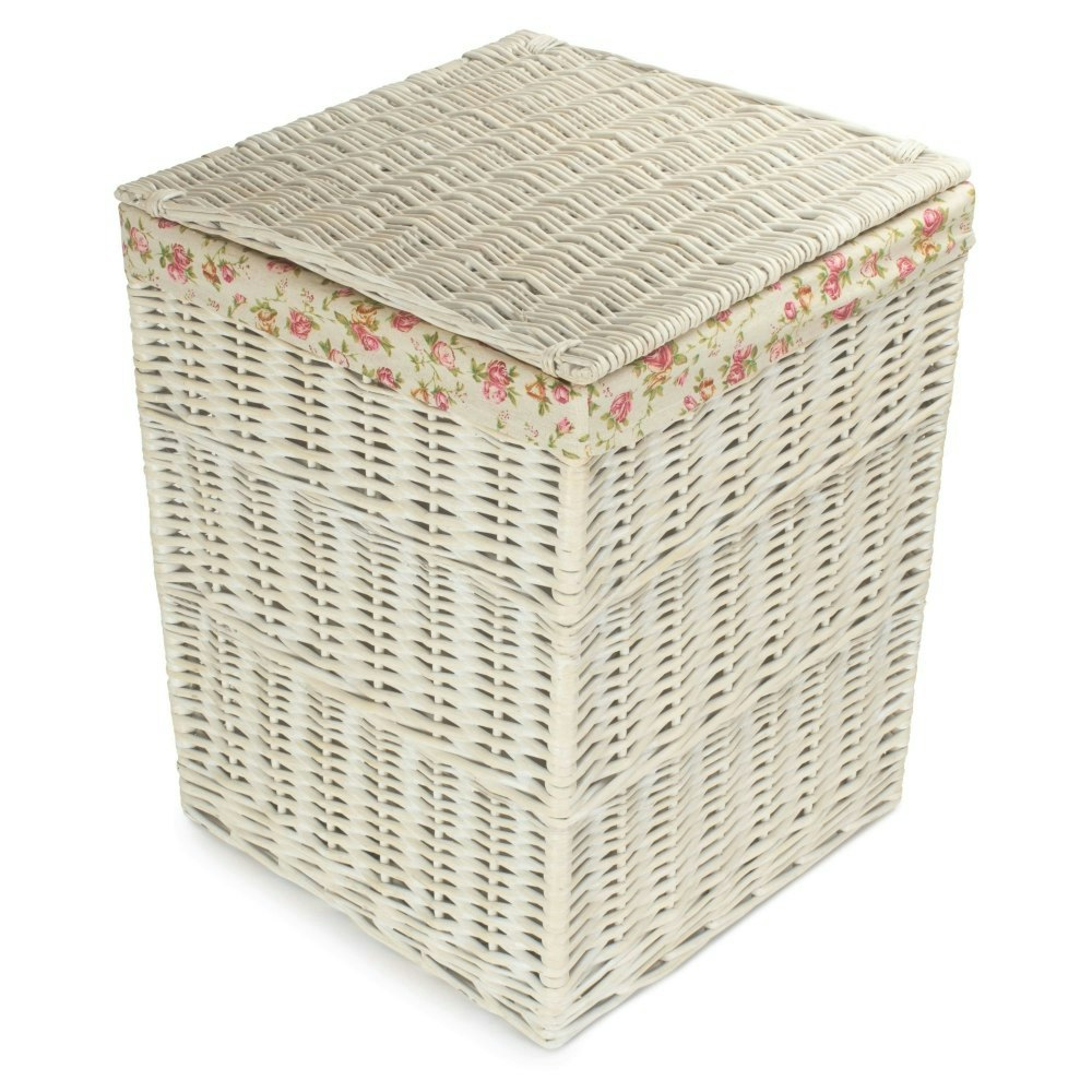 Rackhams White Large Square Wash Wicker Laundry Basket With Garden Rose Lining