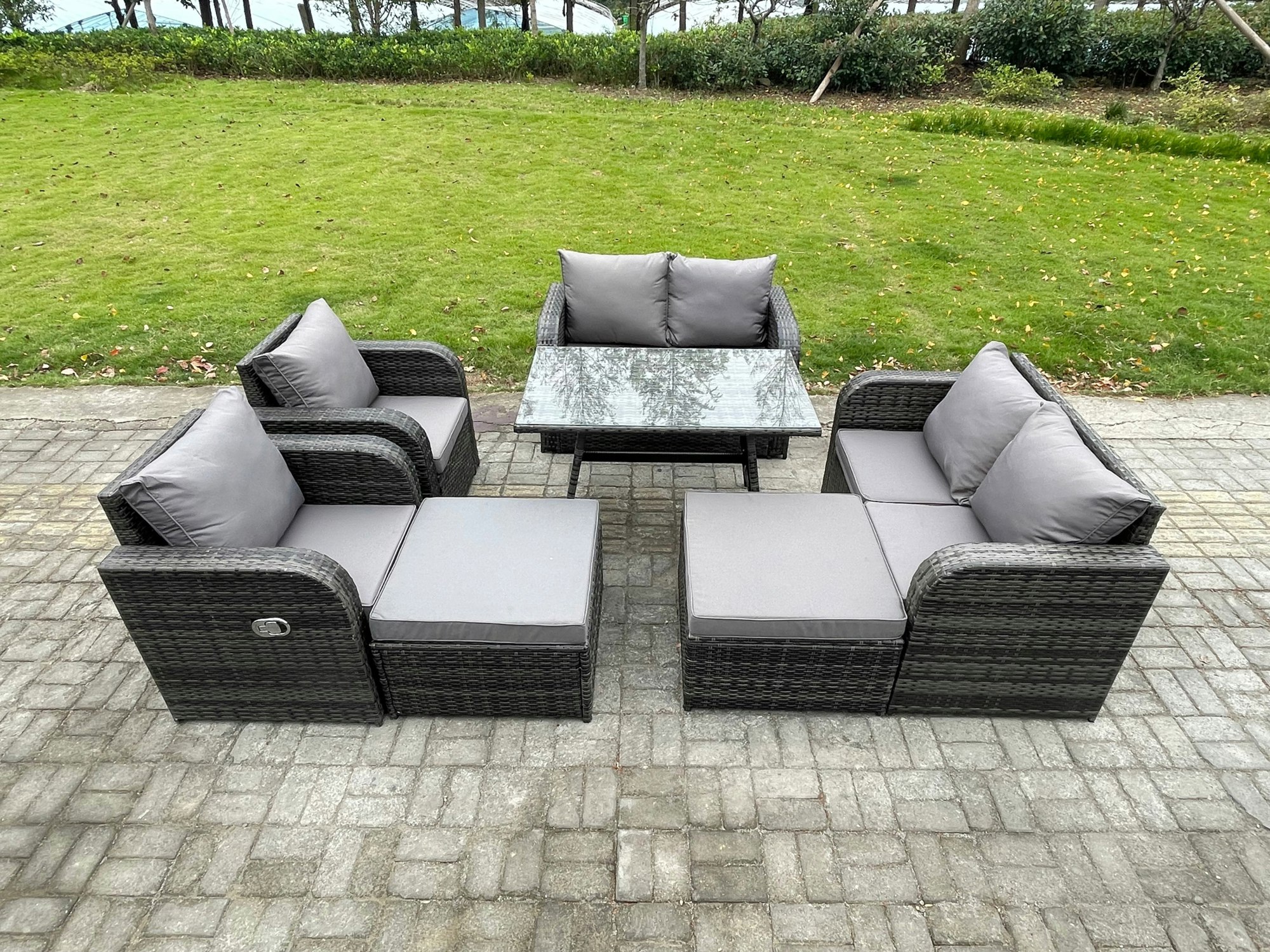 Rackhams Dark/Grey Outdoor Garden Furniture Sets 8 Seater Rattan Furniture Manual Wicker Patio Sofa Patio Conversation Set With 2 Big Footstool Mixed