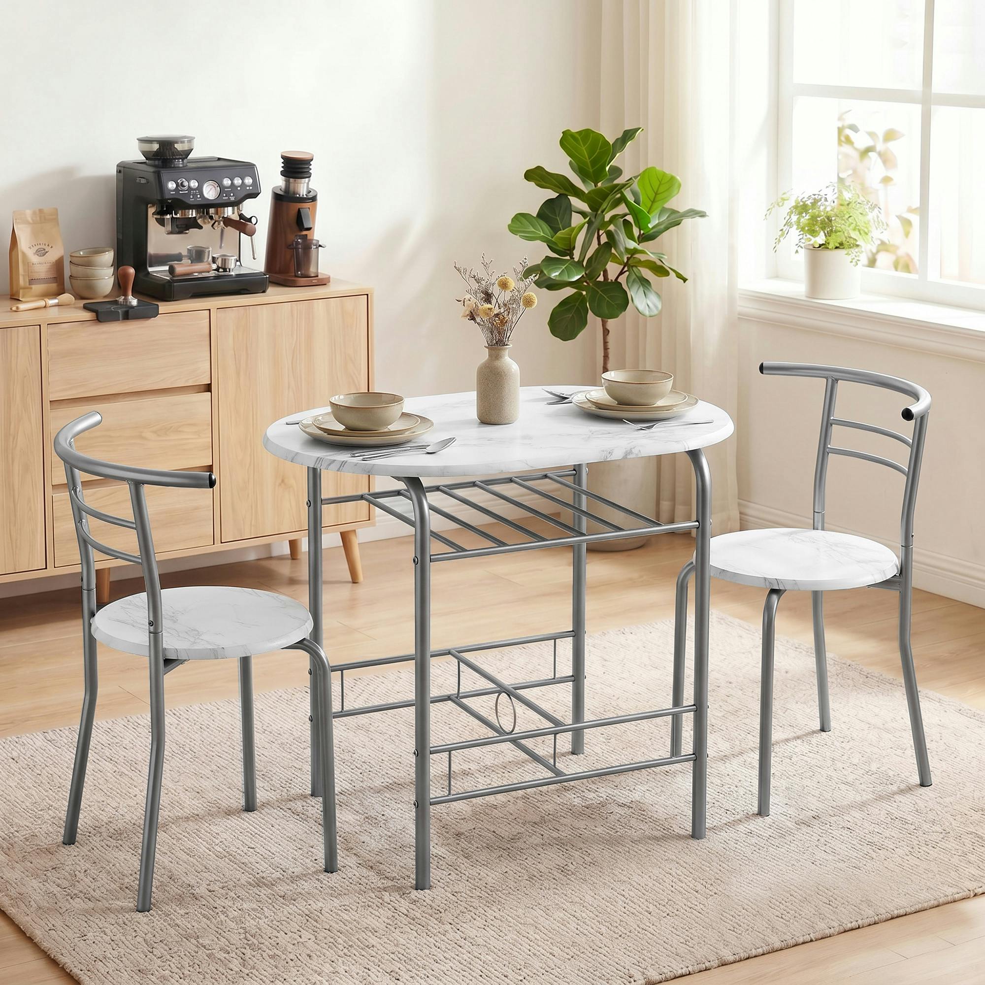 Rackhams White/Silver/Light Breakfast Bar Table And Stools Set, Dining Room Set With Shelf