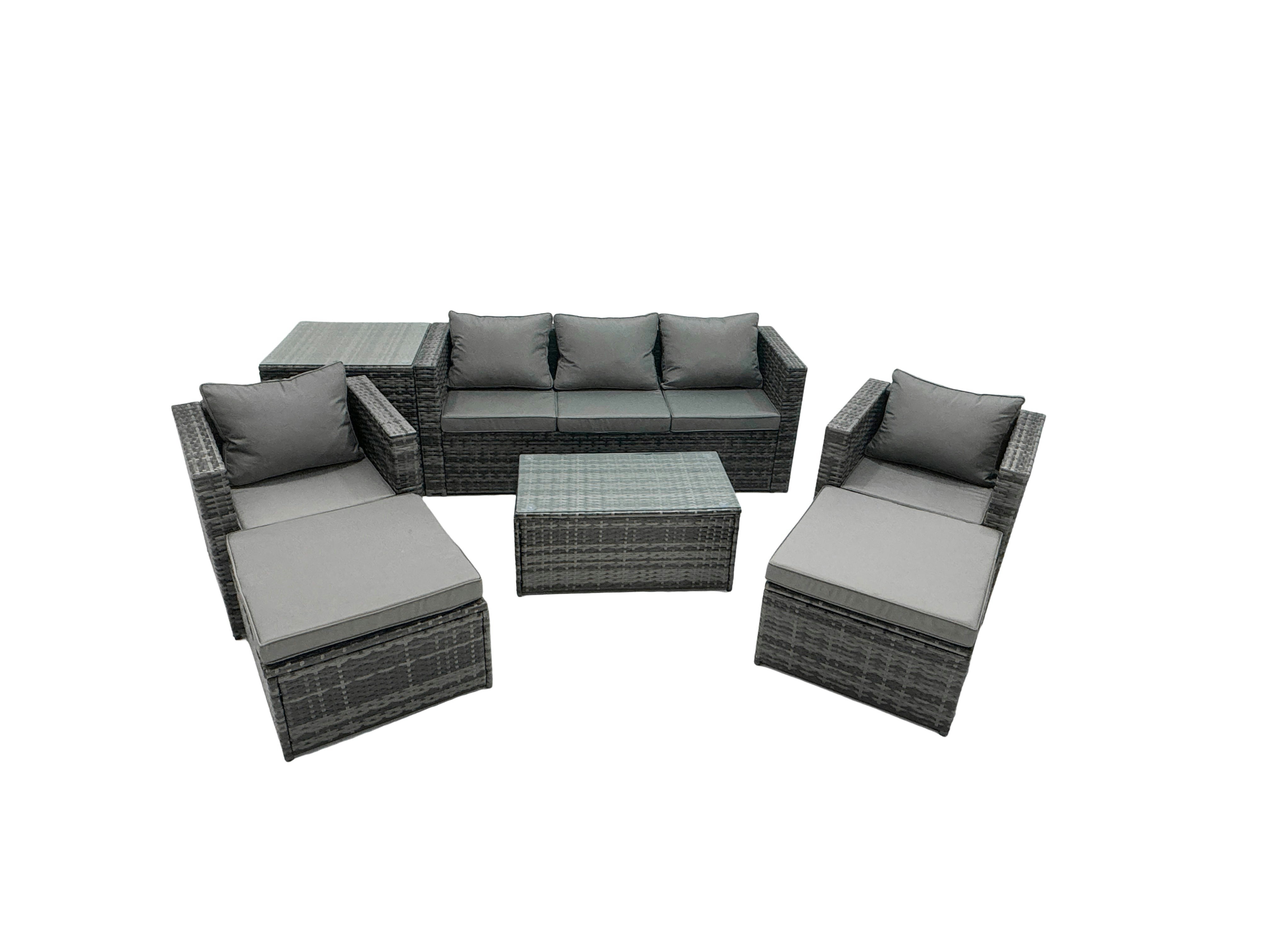Rackhams Dark/Grey Rattan Garden Furniture Dining Set 7 Seater Patio Coffee Table Sofa Set With Side Table 2 Armchair 2 Big Footstools Mixed