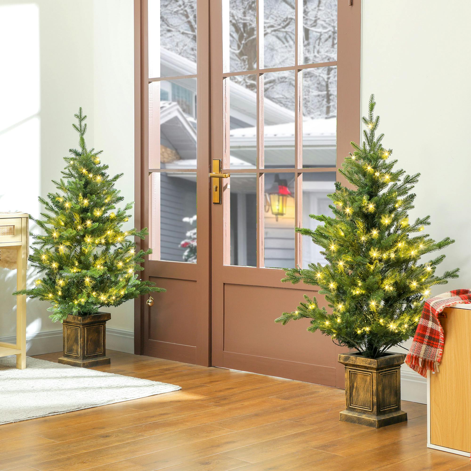 Homcom Green 2 Pcs 4Ft Artificial Christmas Tree With Lights, Pot, Realistic Tips - Christmas Tree - 2