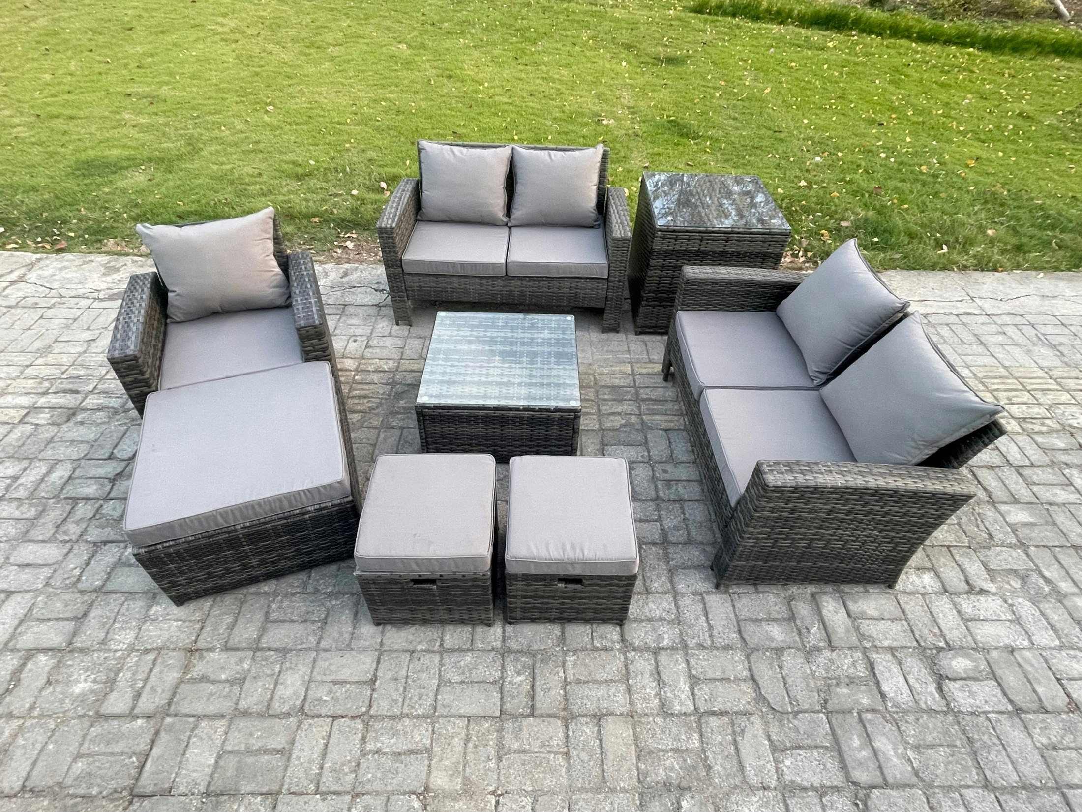 Fimous Dark/Grey 8 Seater Outdoor Rattan Garden Furniture Set Conservatory Patio Sofa Coffee Table Set With Chair Side Table 3 Footstools Mixed