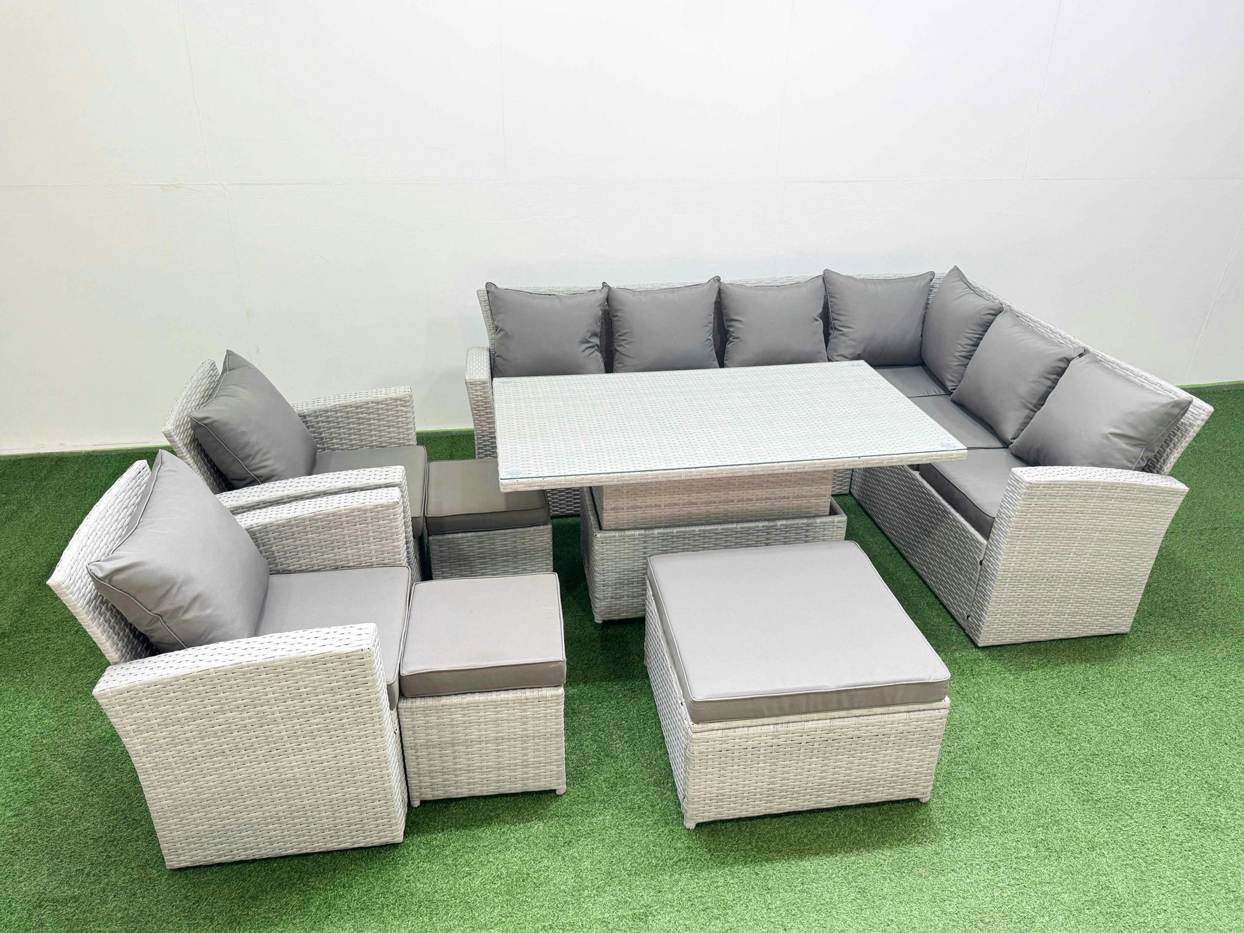 Rackhams Light/Grey 11 Seat Rattan Garden Furniture Corner Sofa Set Outdoor Adjustable Lifting Dining Or Coffee Table Set With 3 Footstools