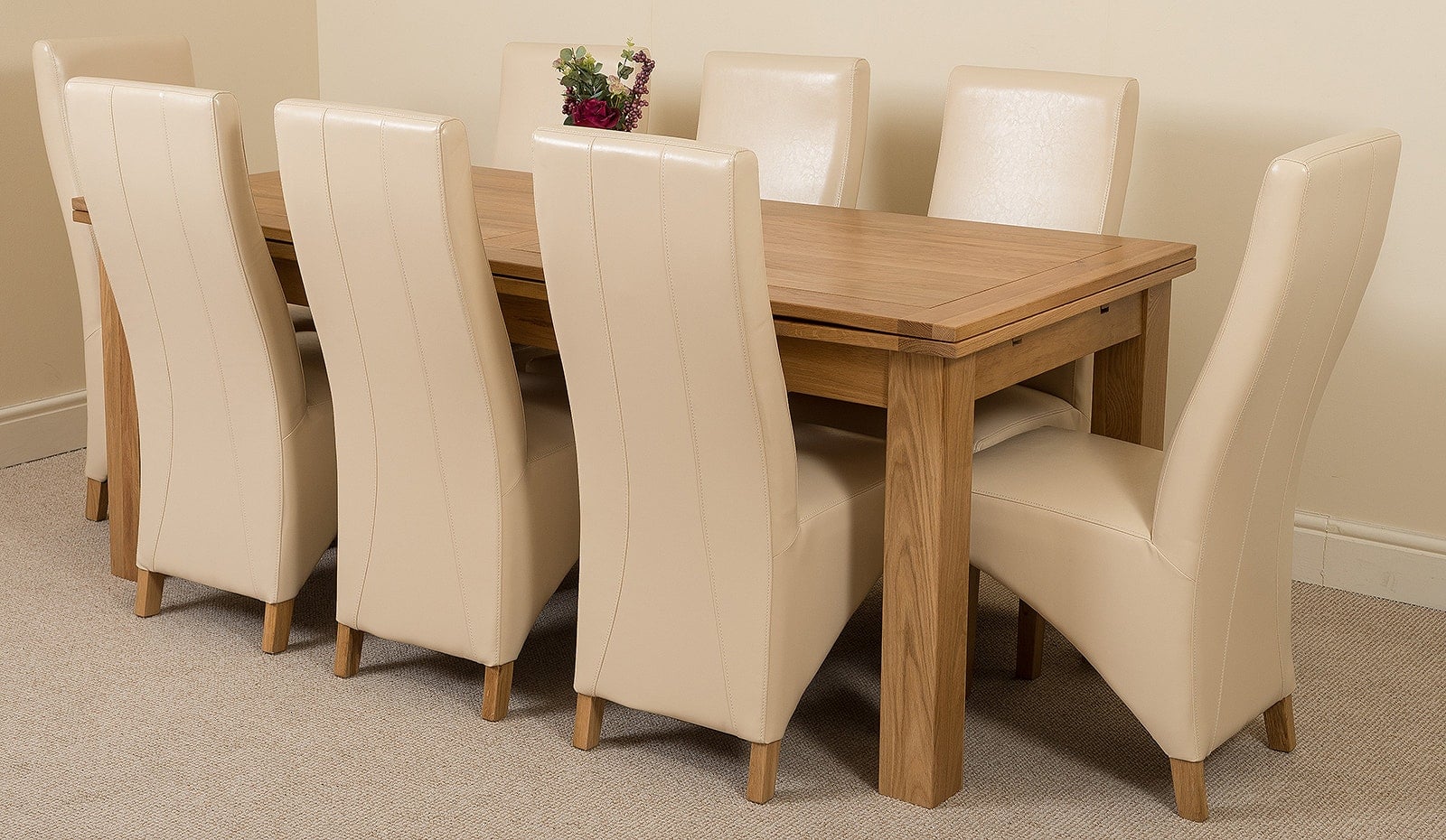 Rackhams Ivory Richmond Large Oak Extending Dining Table With Lola Leather Chairs - 8 Chairs