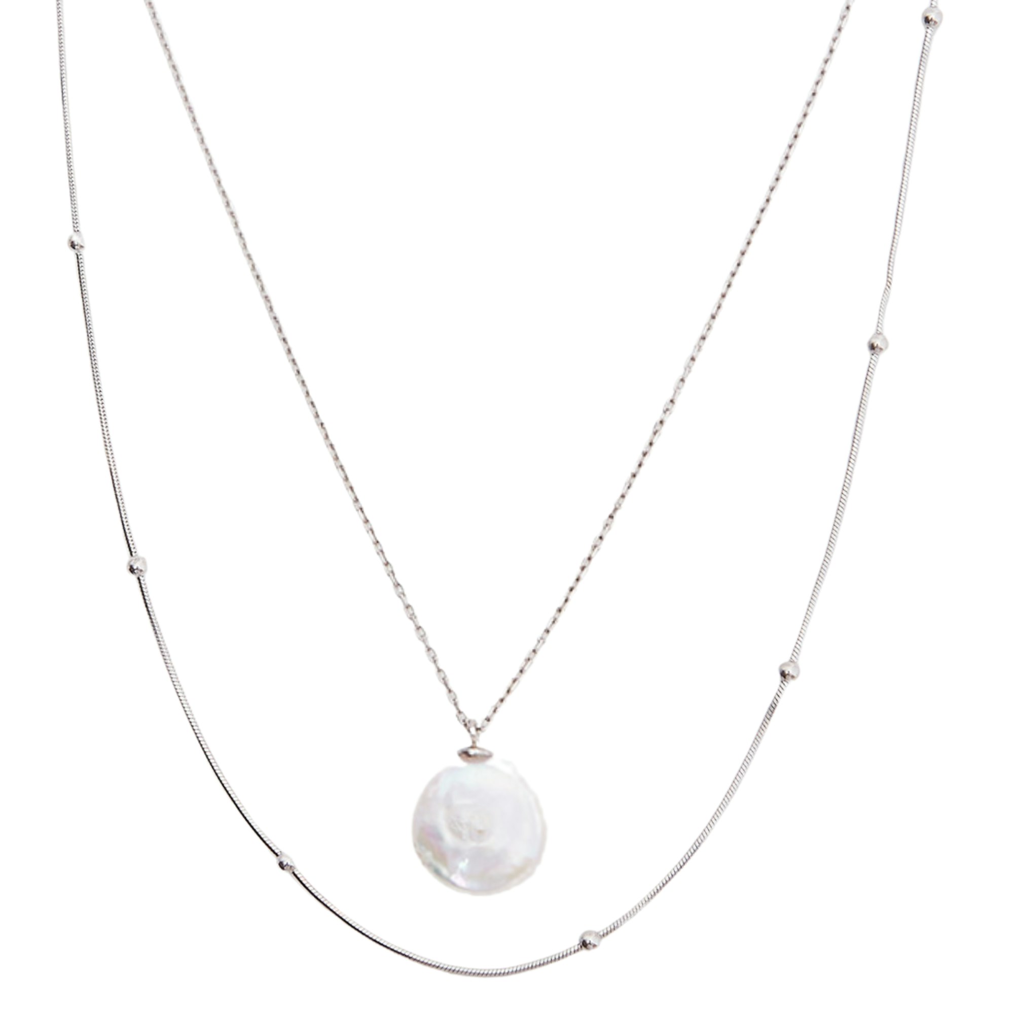 Spero London Silver Baroque Flat Pearl Pendant And Italian Beaded Sterling Stacking Necklace Set