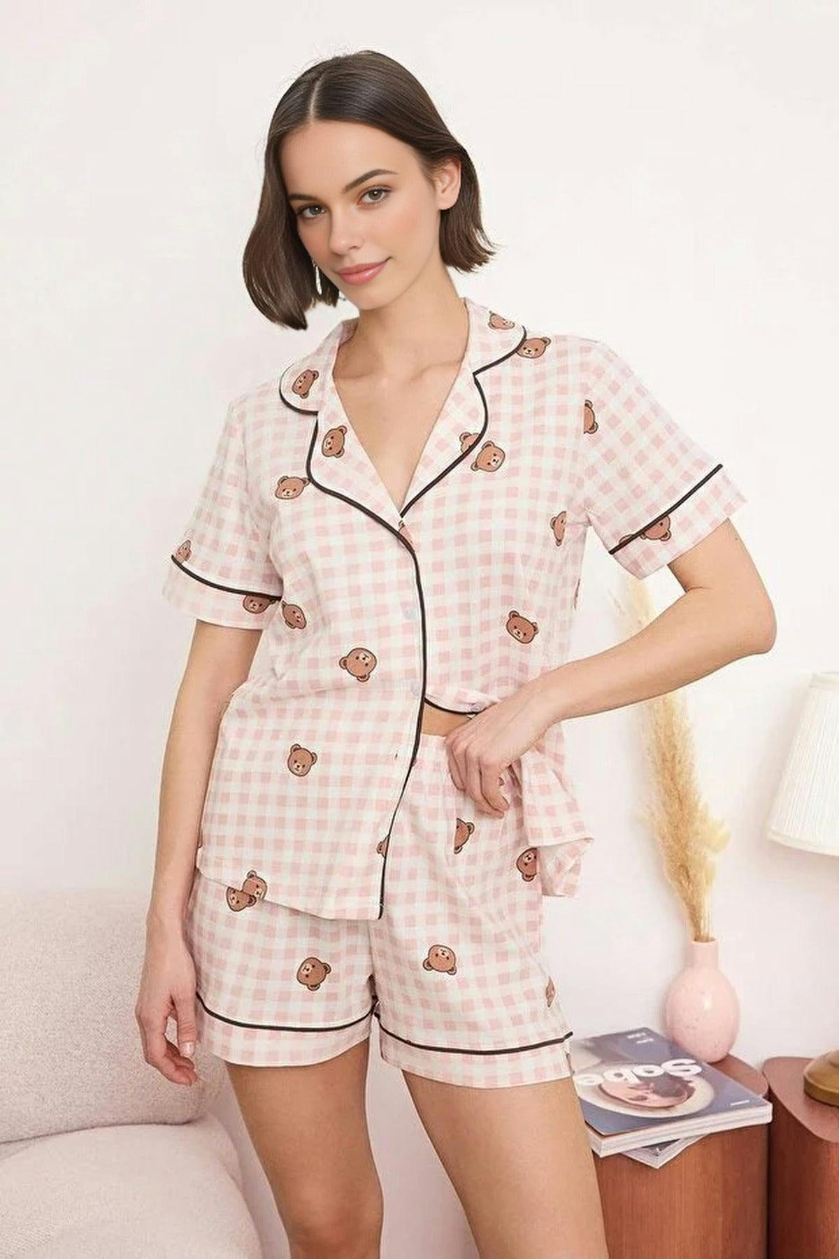 Wovcor 100% Cotton Plaid Checkered Teddy Bear Patterned Knitted Pajama Set - Multi - Xs