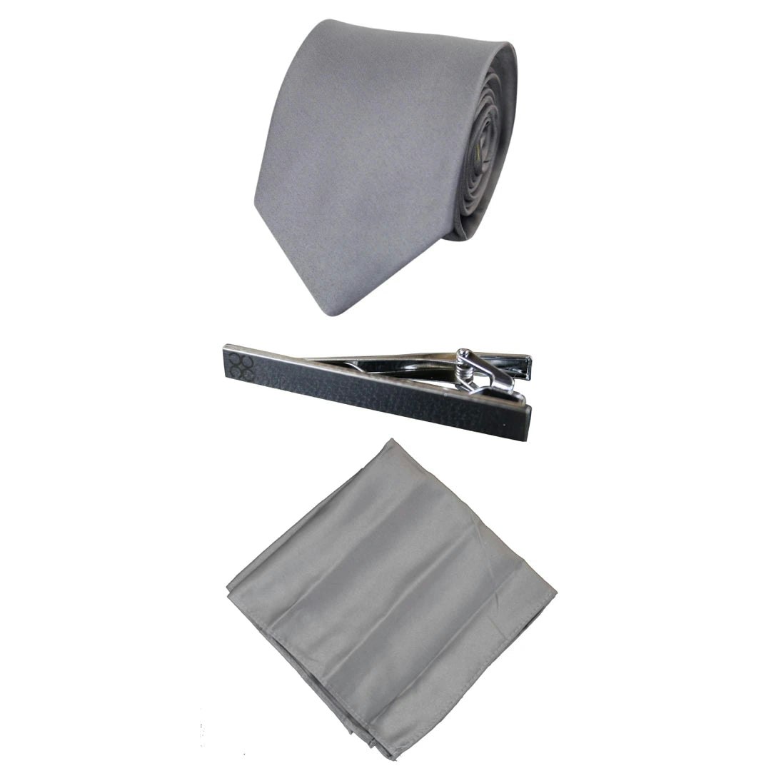 House Of Cavani Men's Silver Matching Wedding Satin Silk Tie Hanky & Tie Clip Polka Dot
