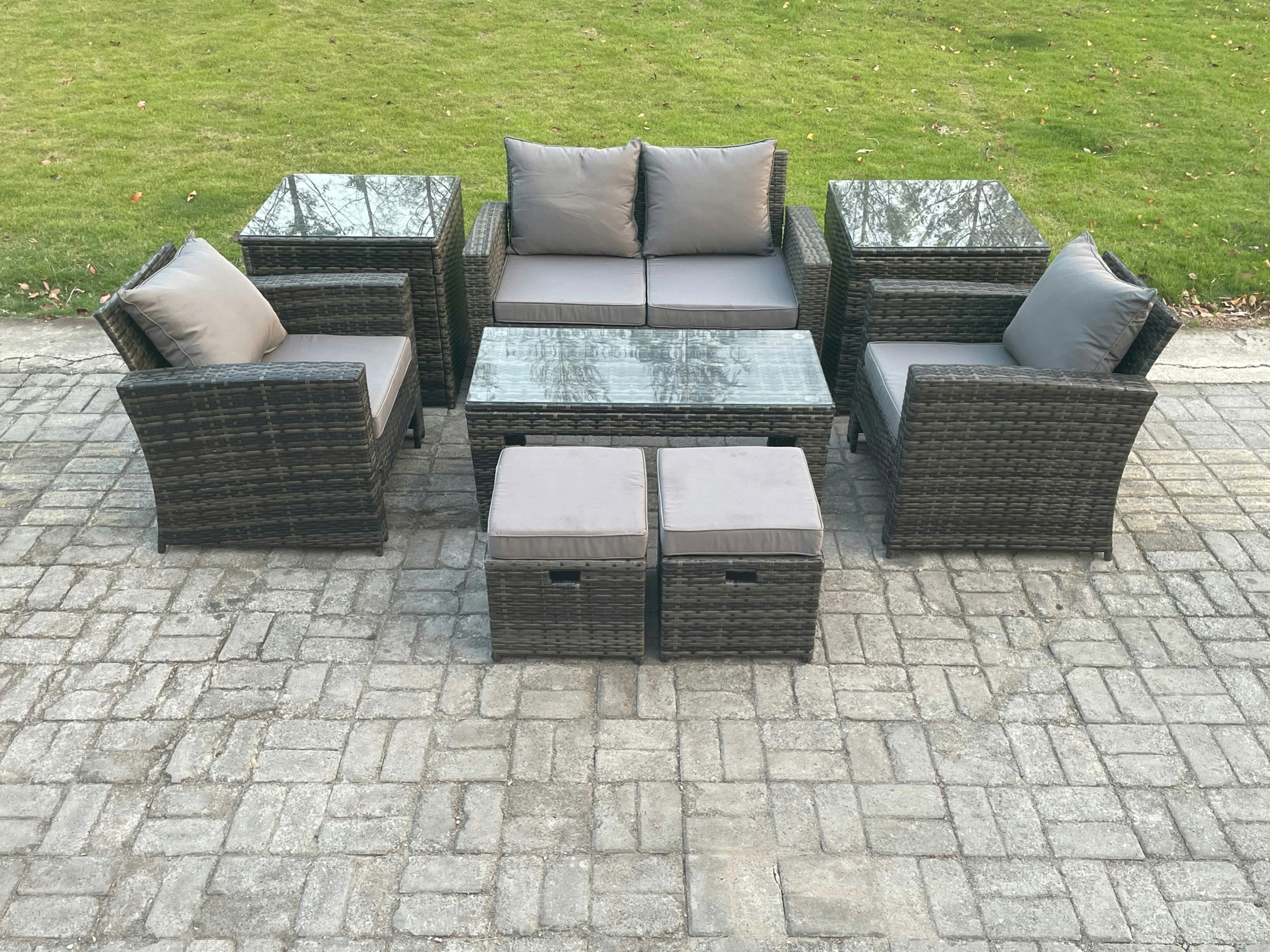 Fimous Dark/Grey 8 Pcs Outdoor Lounge Sofa Set Wicker Pe Rattan Garden Furniture Set With Rectangular Coffee Table Armchair 2 Small Footstools Mixed