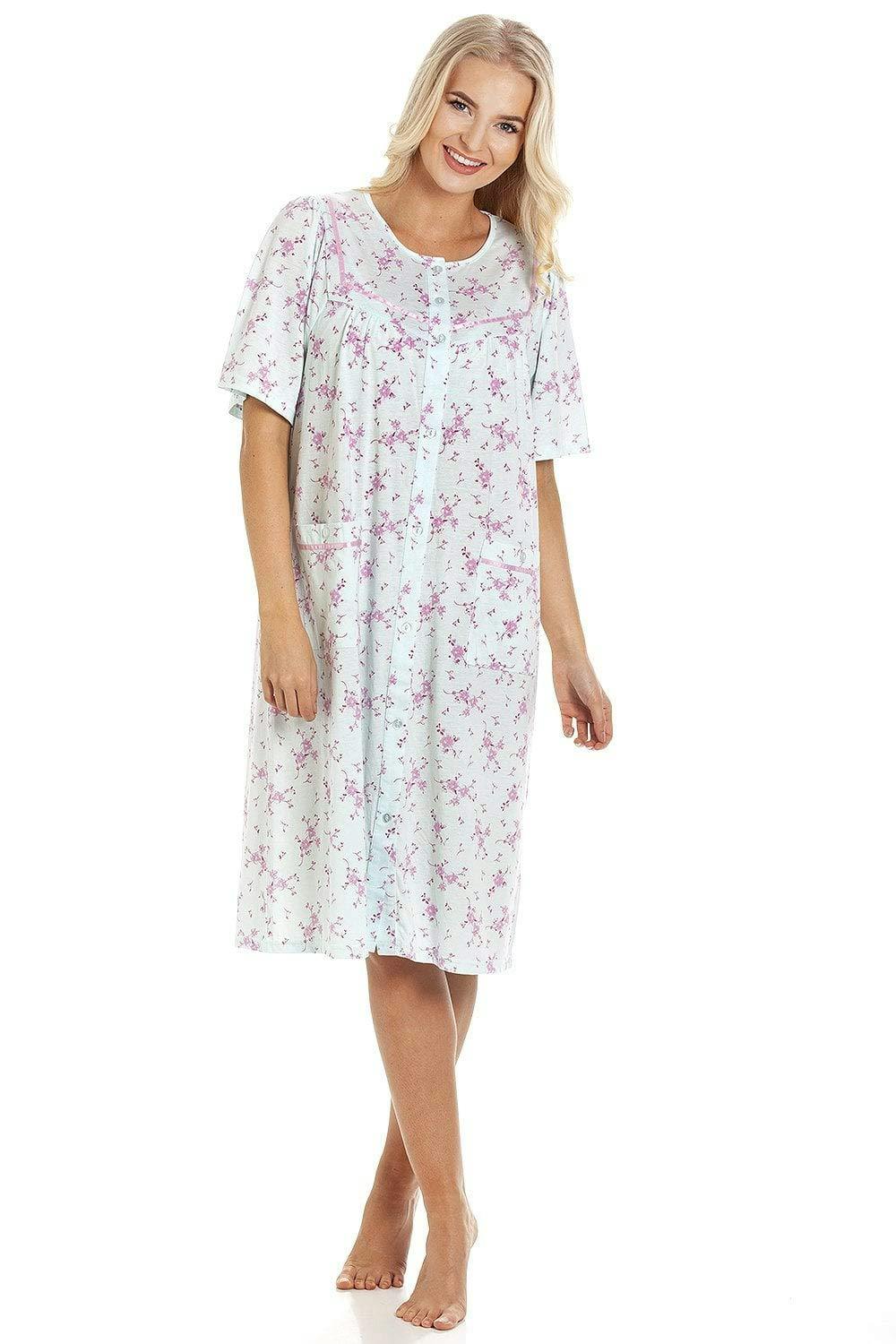 Camille Women's Short Sleeve Button Up Floral Nightdresses - Aqua - 22-24