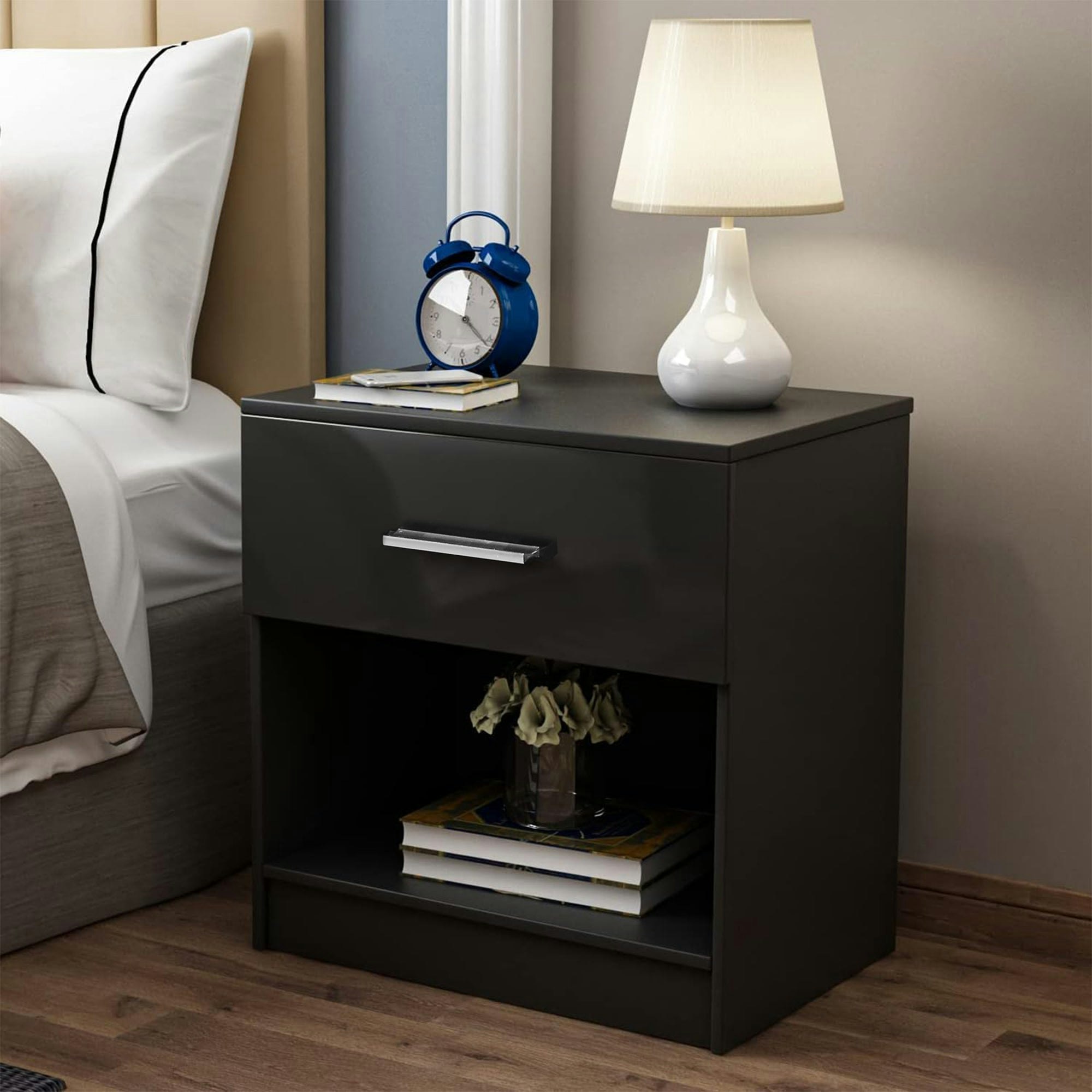 Comfy Living Black High Gloss Bedroom Furniture 3 Piece Trio Set Wardrobe Chest Bedside - Bedside Table