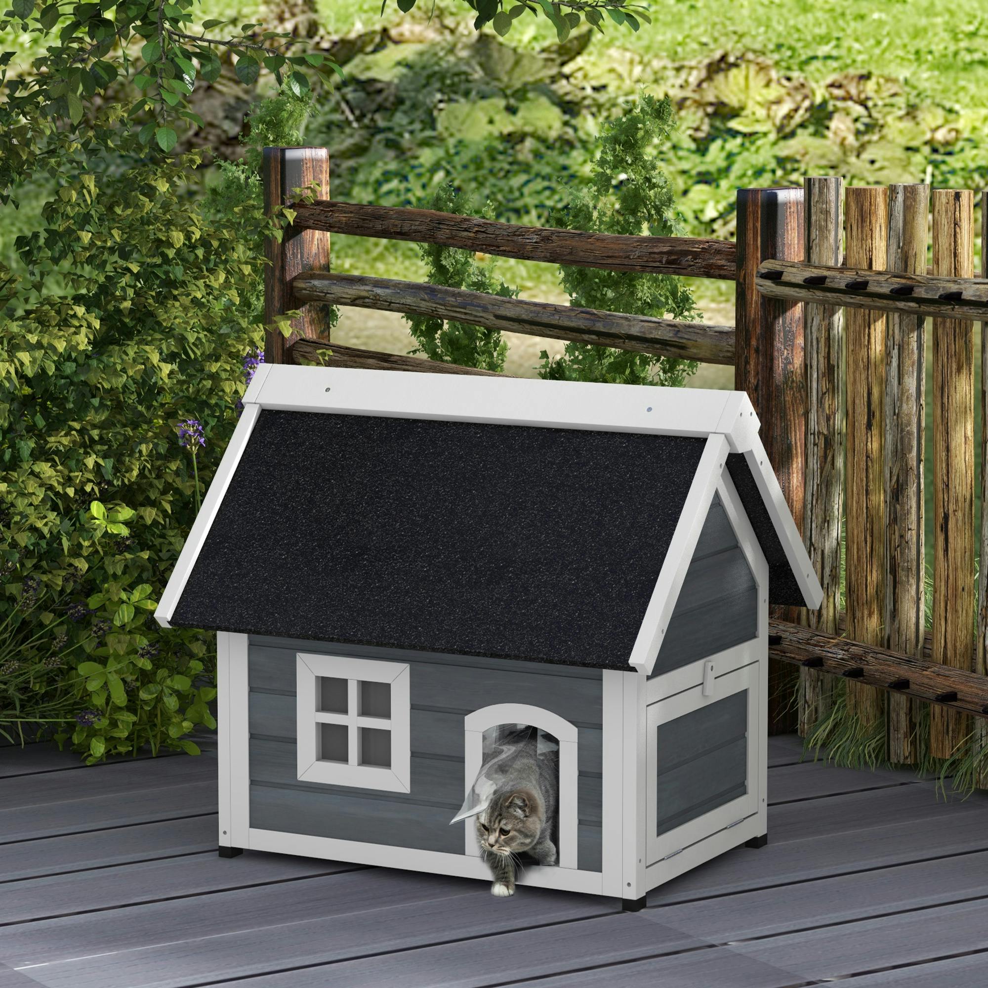 Pawhut Grey Outdoor Feral Cat House With Openable Asphalt Roof
