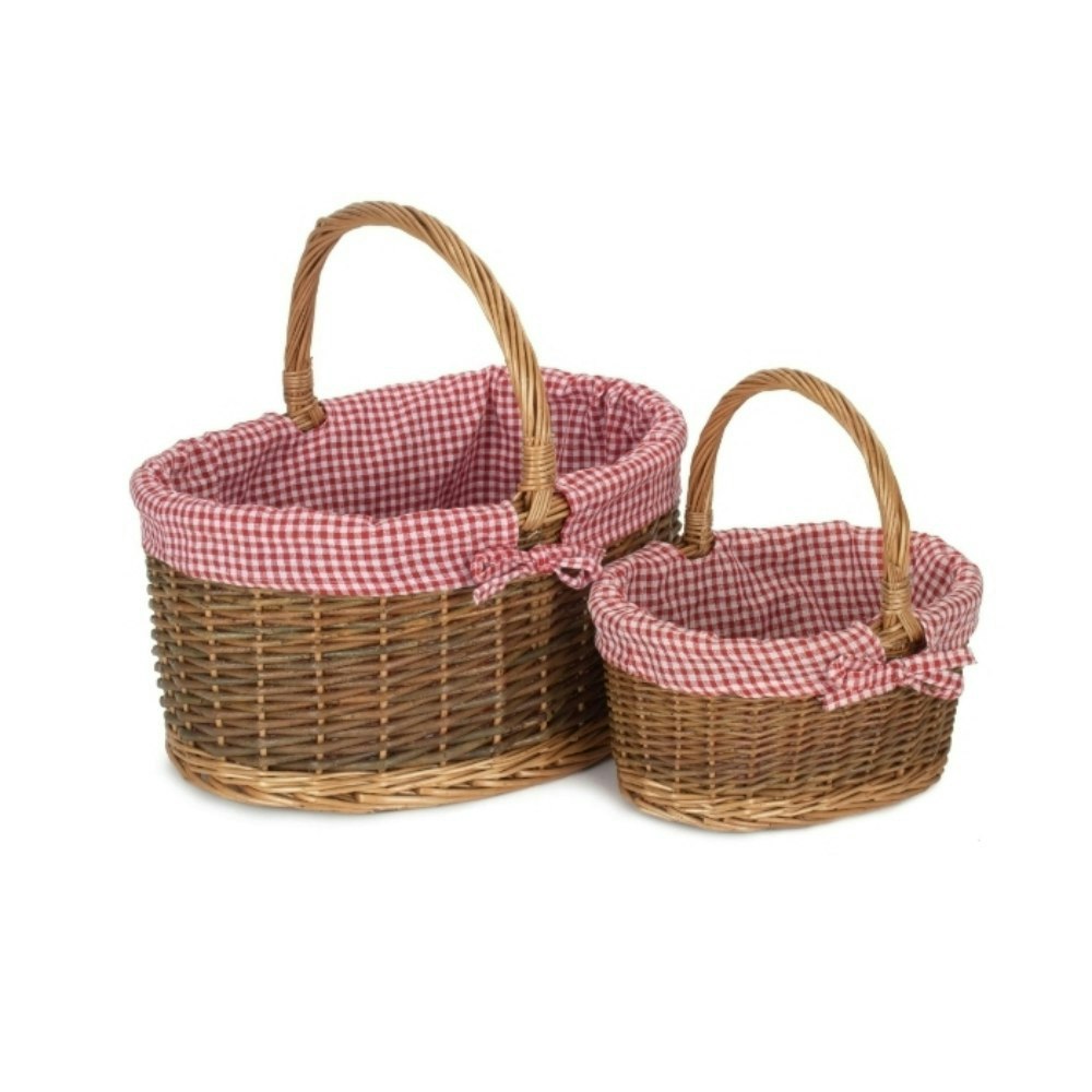Red Hamper Checked Lined Country Oval Wicker Shopping Basket - Set Of 2