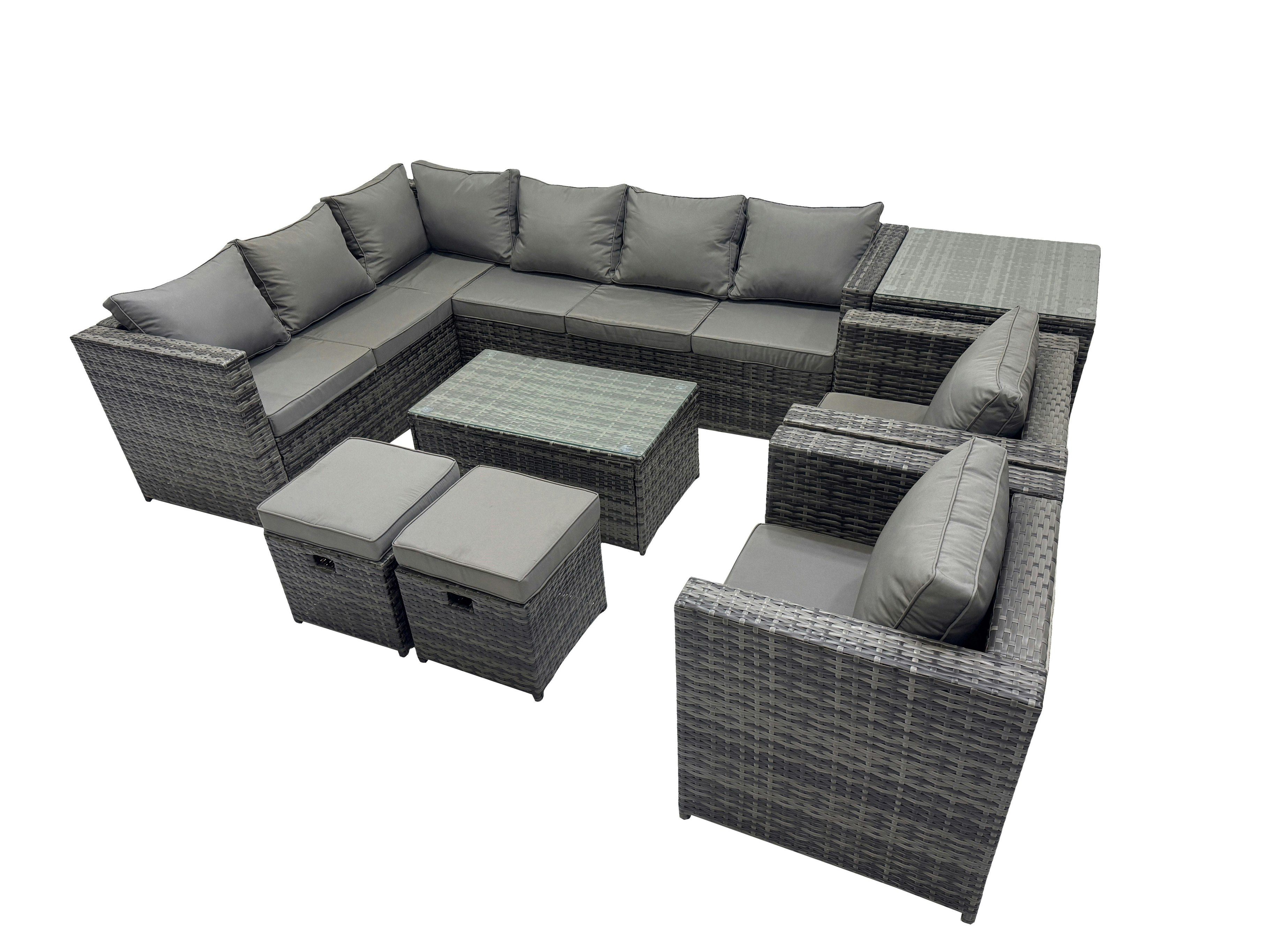 Fimous Dark/Grey Outdoor Rattan Rectangular Coffee Table Corner Sofa Sets Garden Furniture Set With 2 Chairs 2 Small Stools Side Table Mixed