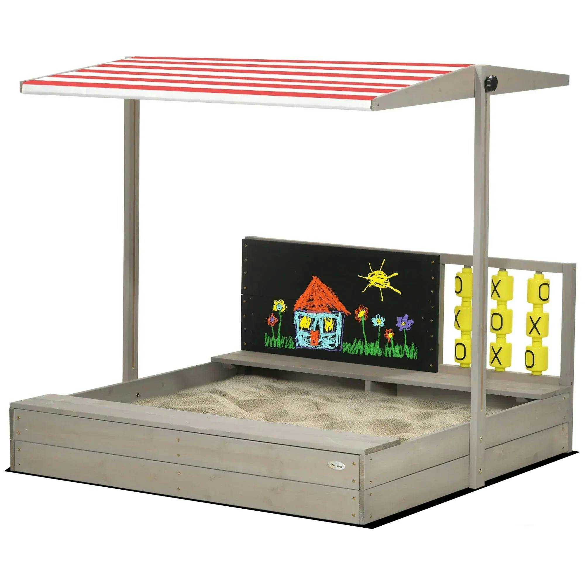 Outsunny Grey Children's Wooden Sandpit With Protective Canopy And Seating, Outdoor Play Area, - Image 6