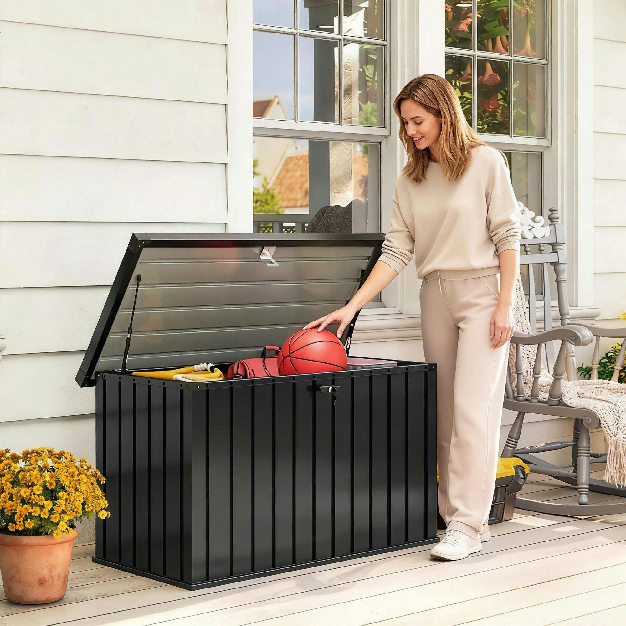 Rackhams Black 400L Waterproof Metal Outdoor Storage Box With Lock And Keys - 1 - 124W X 66D X 72H Cm