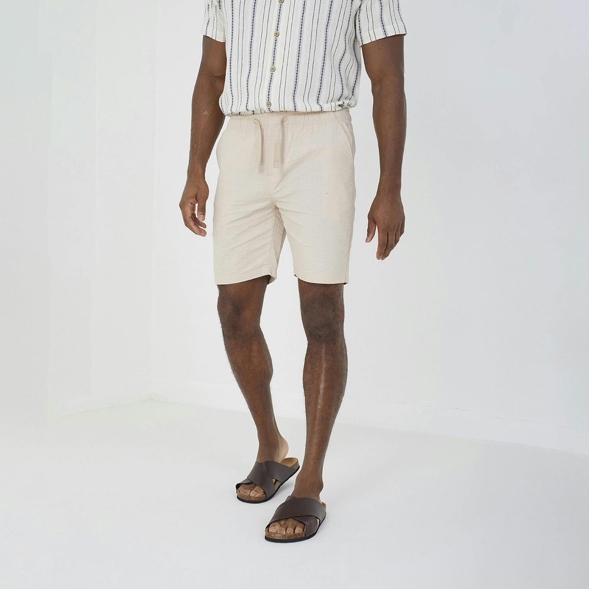 Brave Soul Cotton Seersucker Shorts - Stone - Stone - S