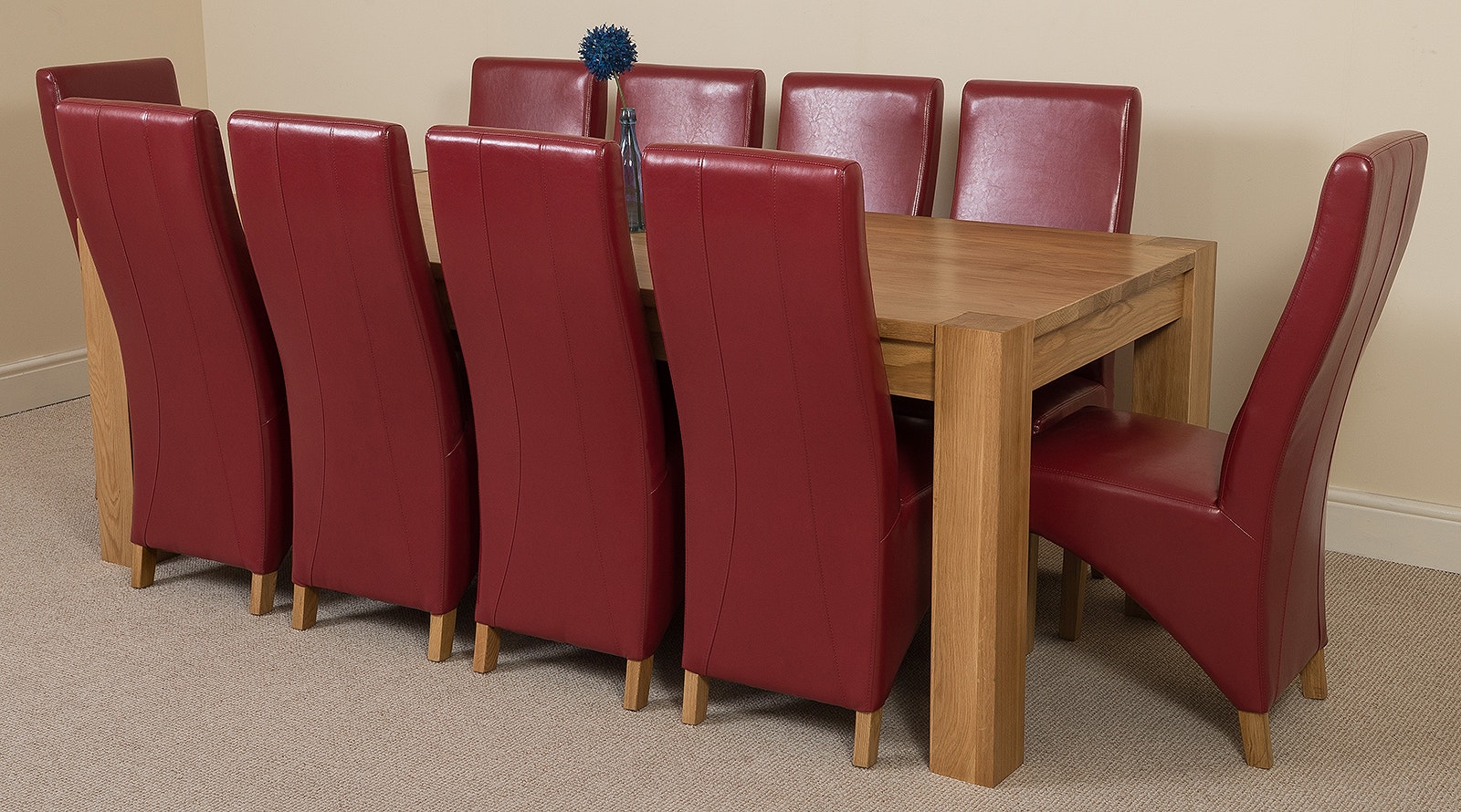 That's Furniture Burgundy Kuba Extra Large Oak Dining Table With Lola Leather Chairs - 10 Chairs