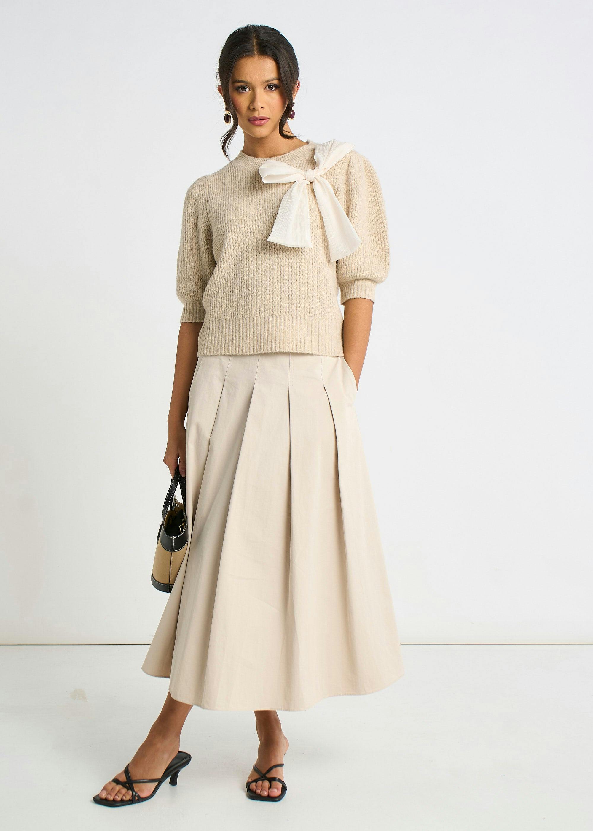 Gini London Mocha Chiffon Bow Knitted Jumper - M-L (Uk 12-14/Us 8-10/Eu 40-42)