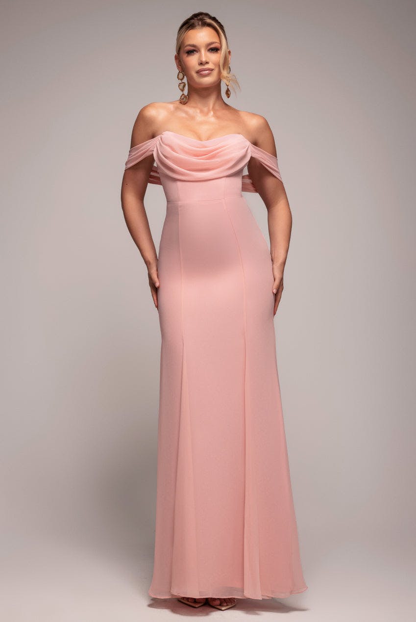 Goddiva Pink Chiffon Bardot Cowl Neck Maxi Dress - Blush By - Blush - 14