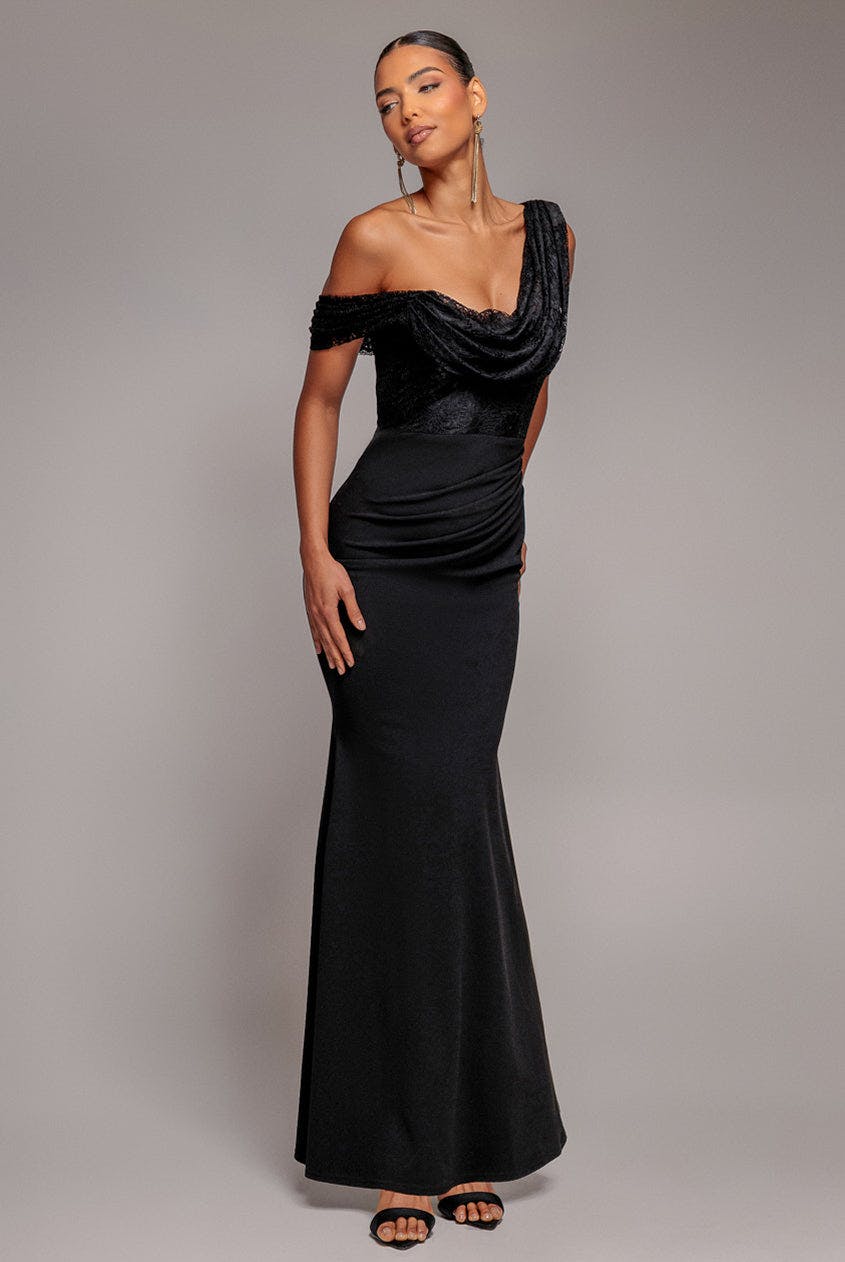 Goddiva Black Lace Cowl One Shoulder Scuba Crepe Maxi Dress - By - 14