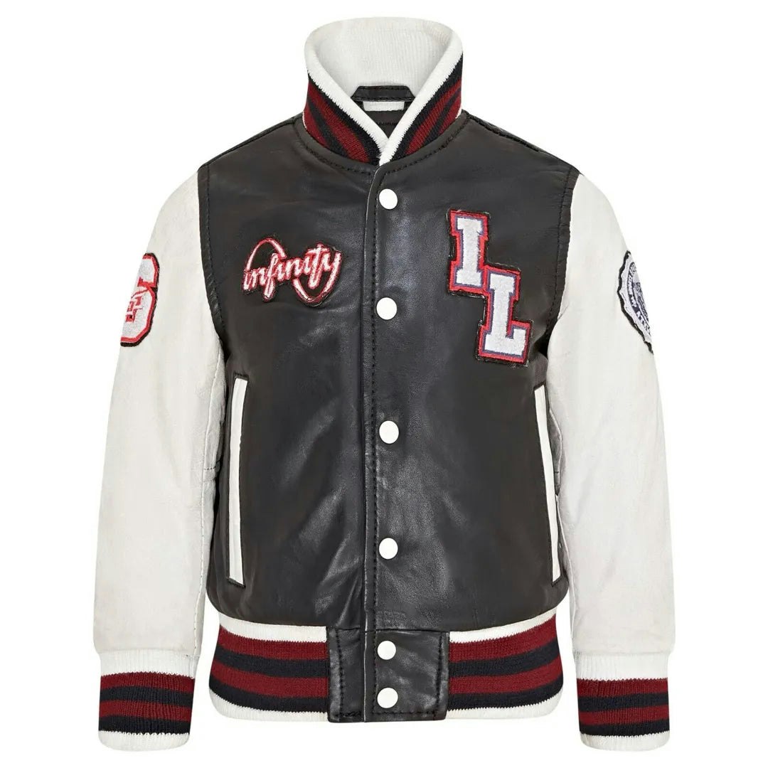 Infinity Leather Black Leather Company Kids Leather Letterman Bomber Jacket - 8-9 Years