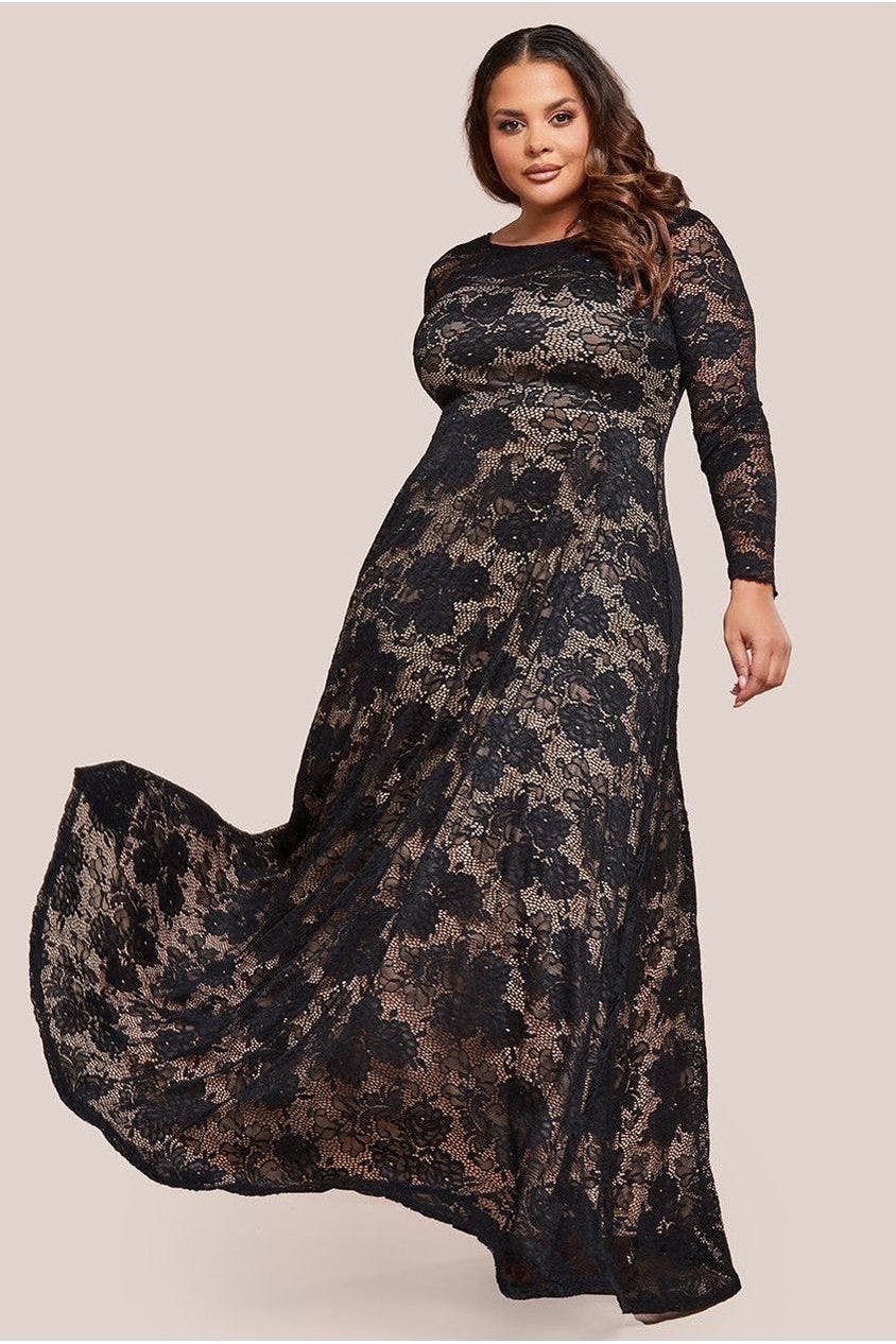 Goddiva Plus Black Scalloped Lace A-Line Maxi Dress - By - 26