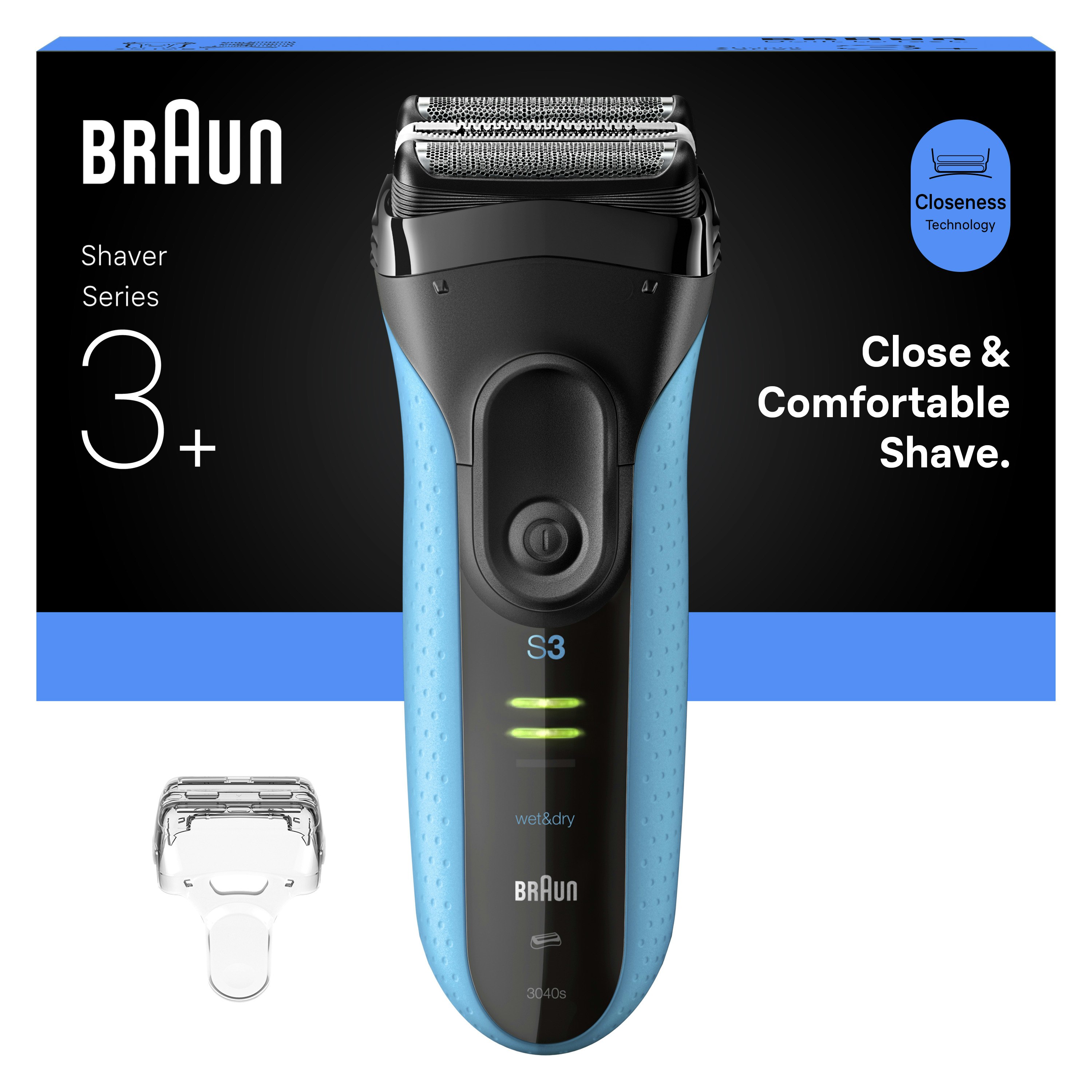 Braun Blue Series 3+ 3040S Electric Shaver, Precision Trimmer, Wet & Dry